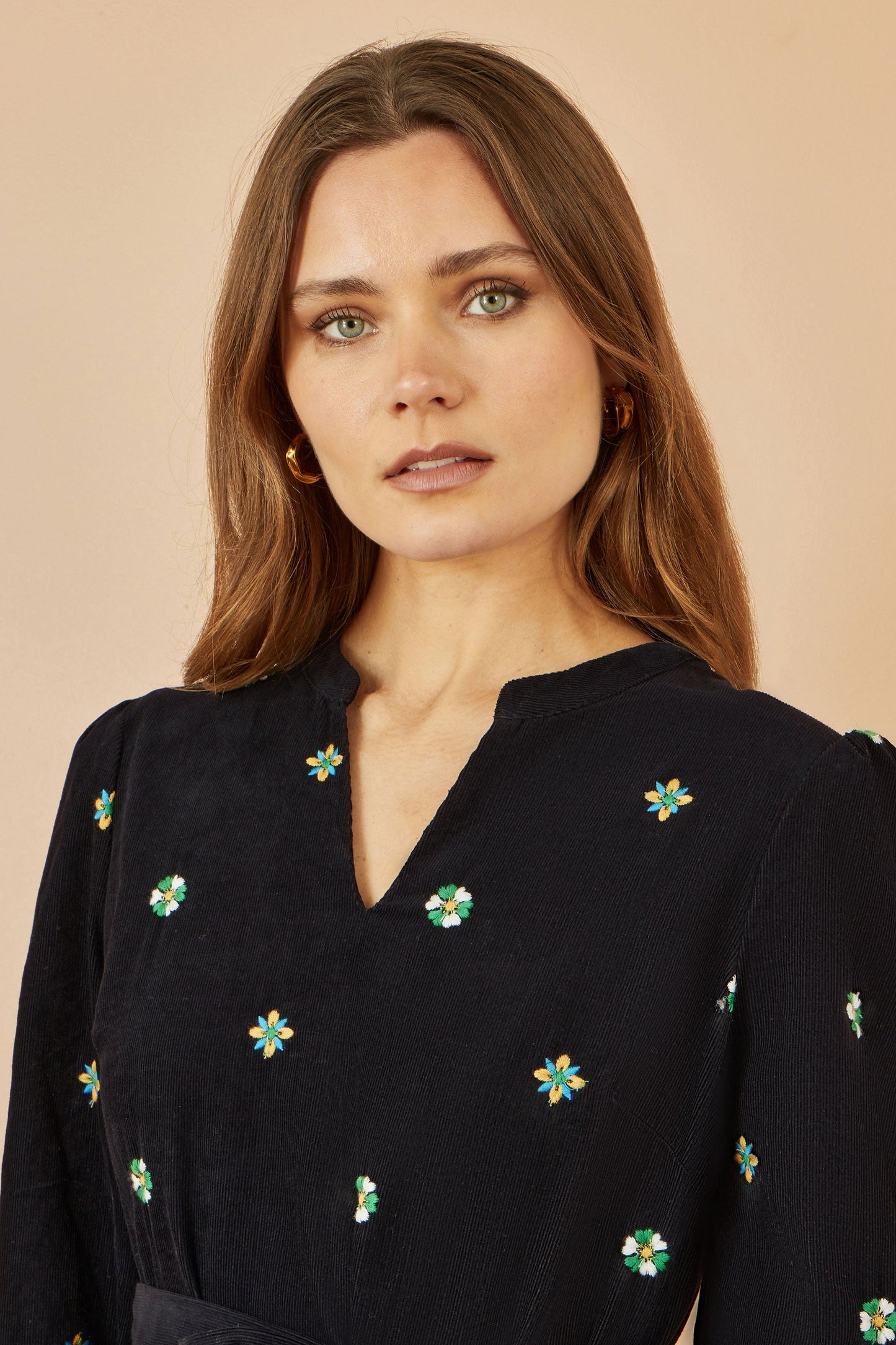 Yumi Black Flower Embroidery Midi Cord Dress