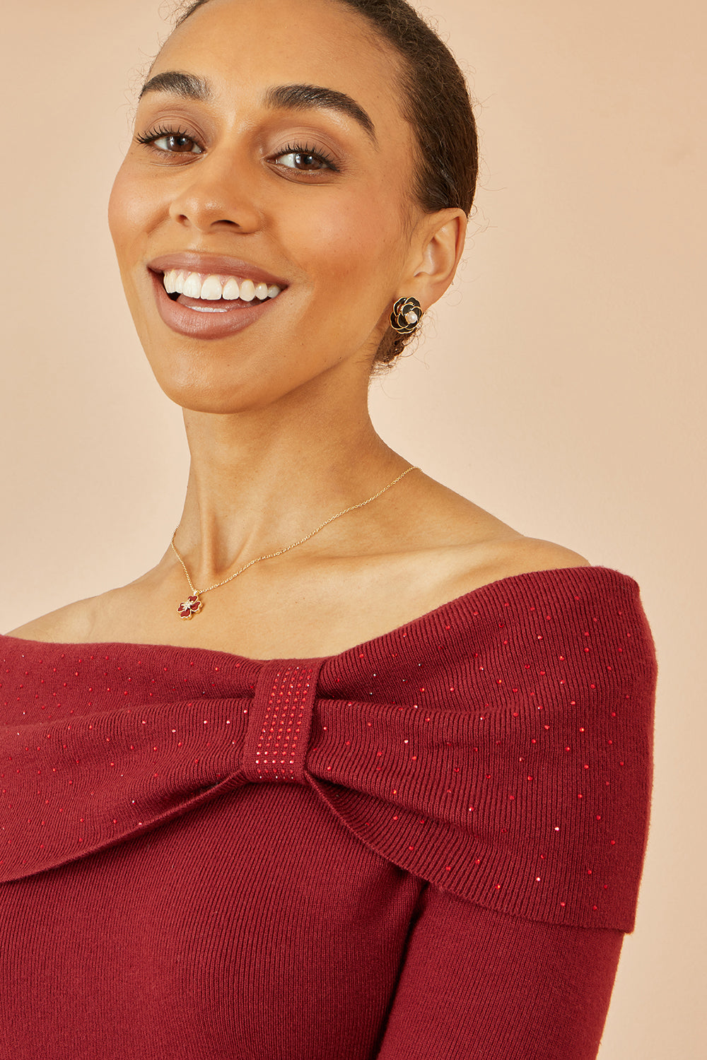 Yumi Burgundy Sparkle Bardot Jumper With Diamante Detail