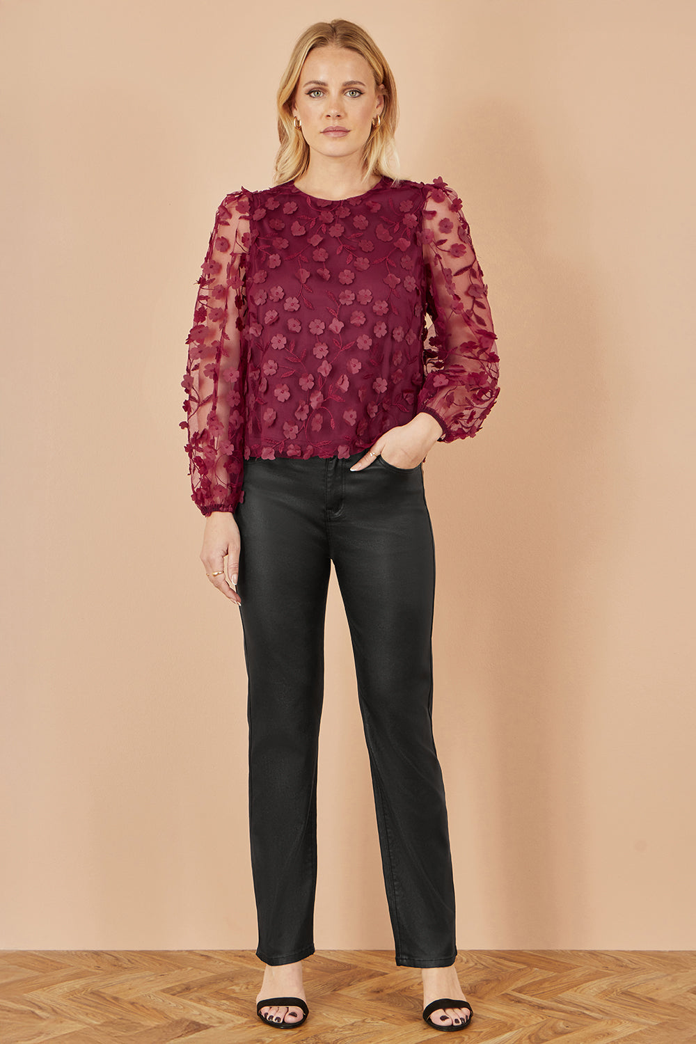 Yumi Burgundy Sheer Sleeve Applique Flower Top