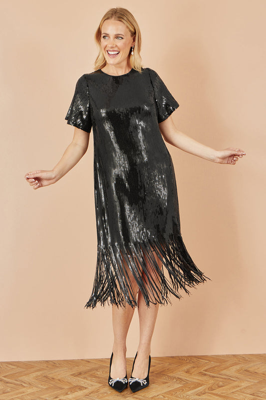 Yumi Black Sequin Tassels Hem Midi Tunic Dress