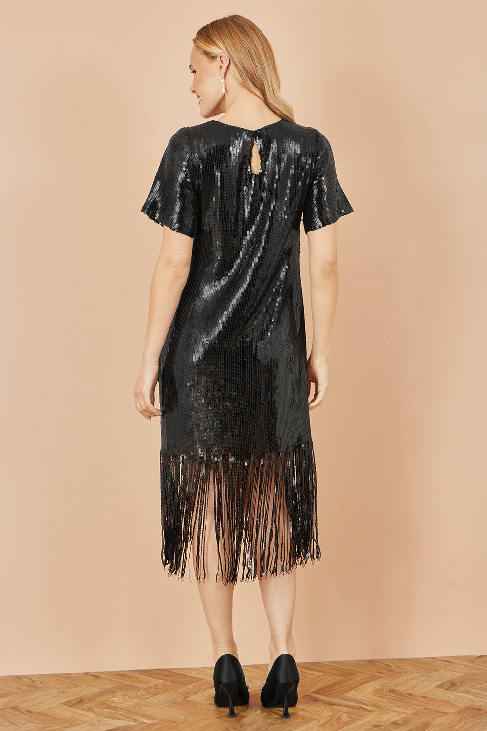 Yumi Black Sequin Tassels Hem Midi Tunic Dress