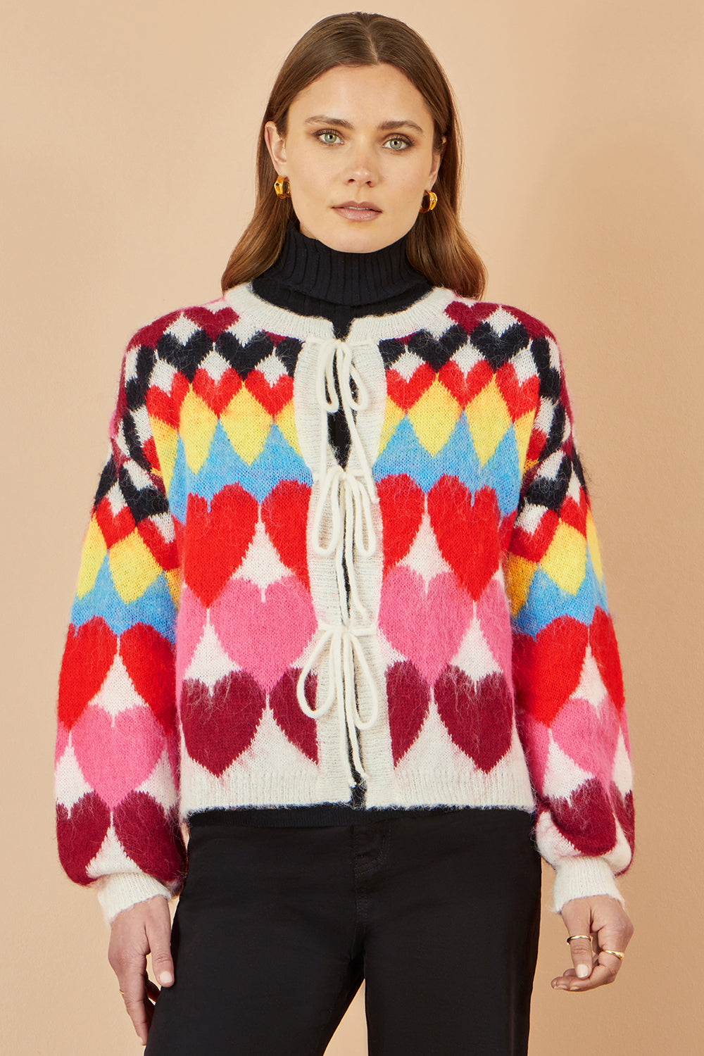 Yumi Multicolour Tie Front Heart Intarsia Cardigan