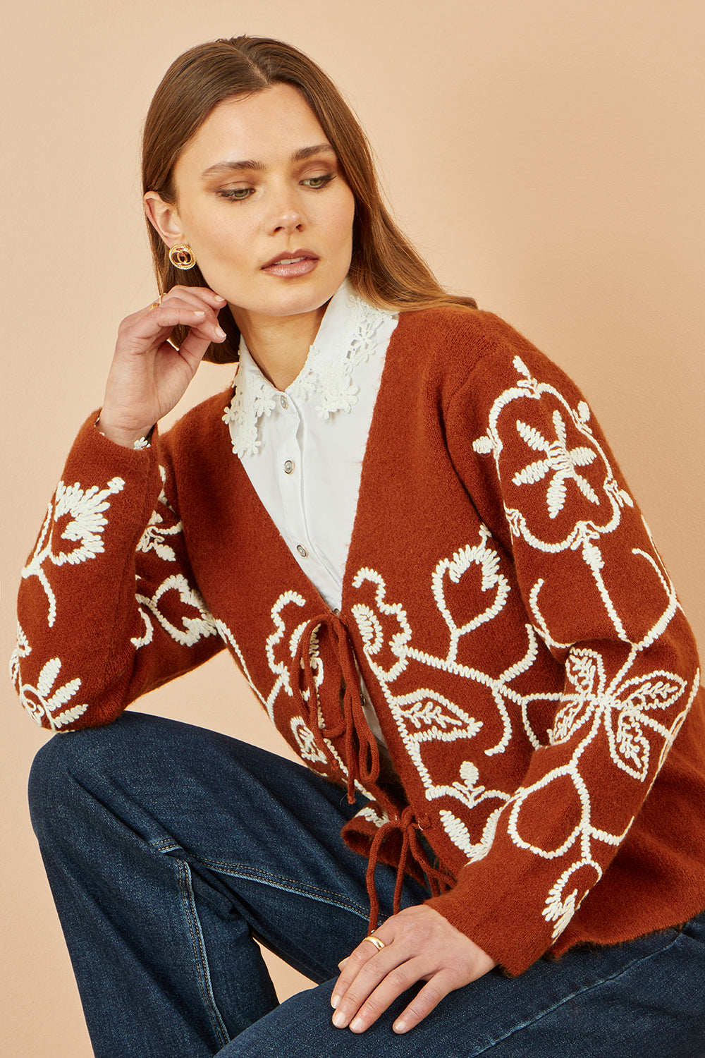Yumi Brown Folk Embroidered Tie Front Cardigan