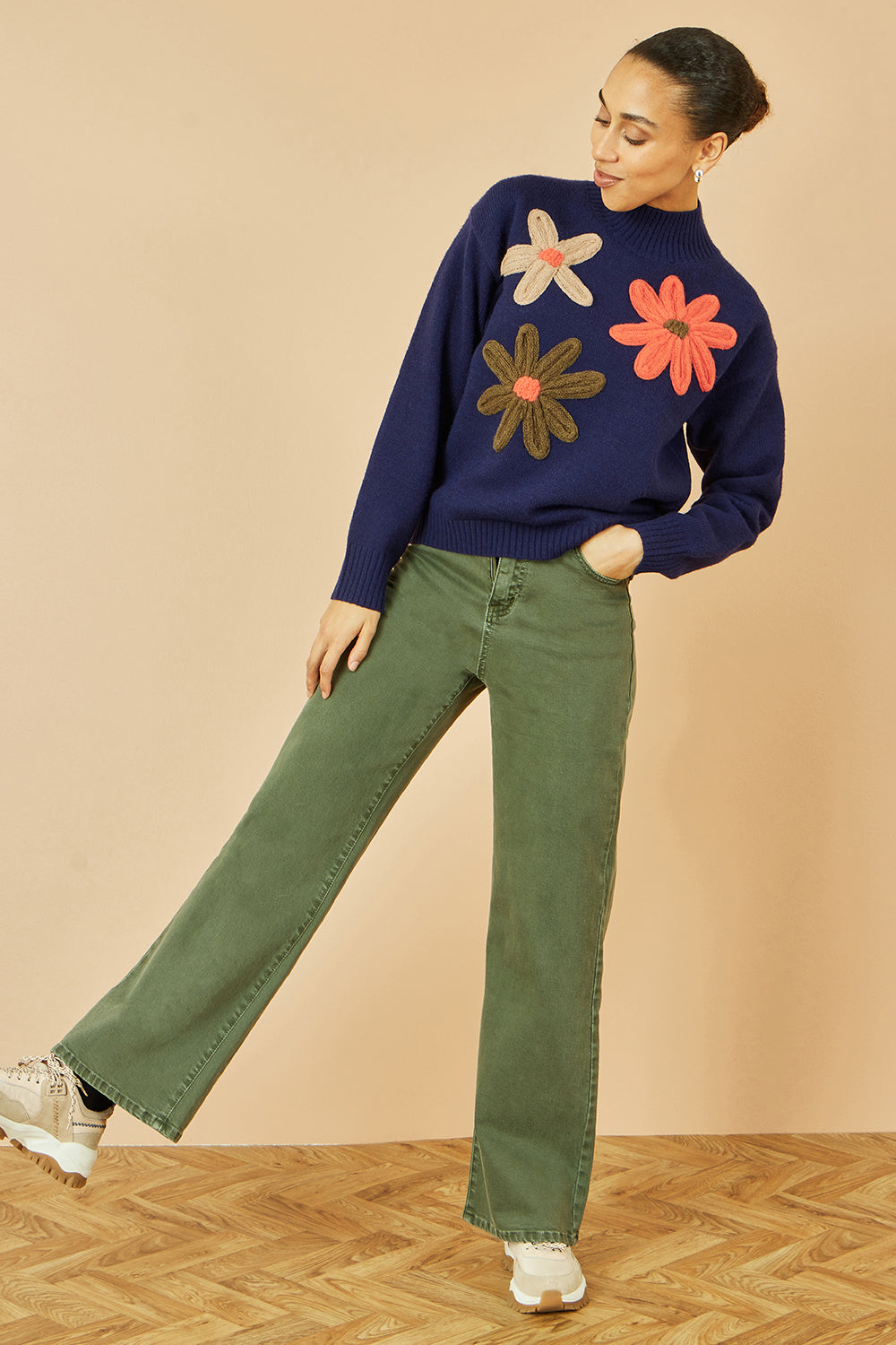 Yumi Navy Knitted High Neck Jumper With Applique Flowers