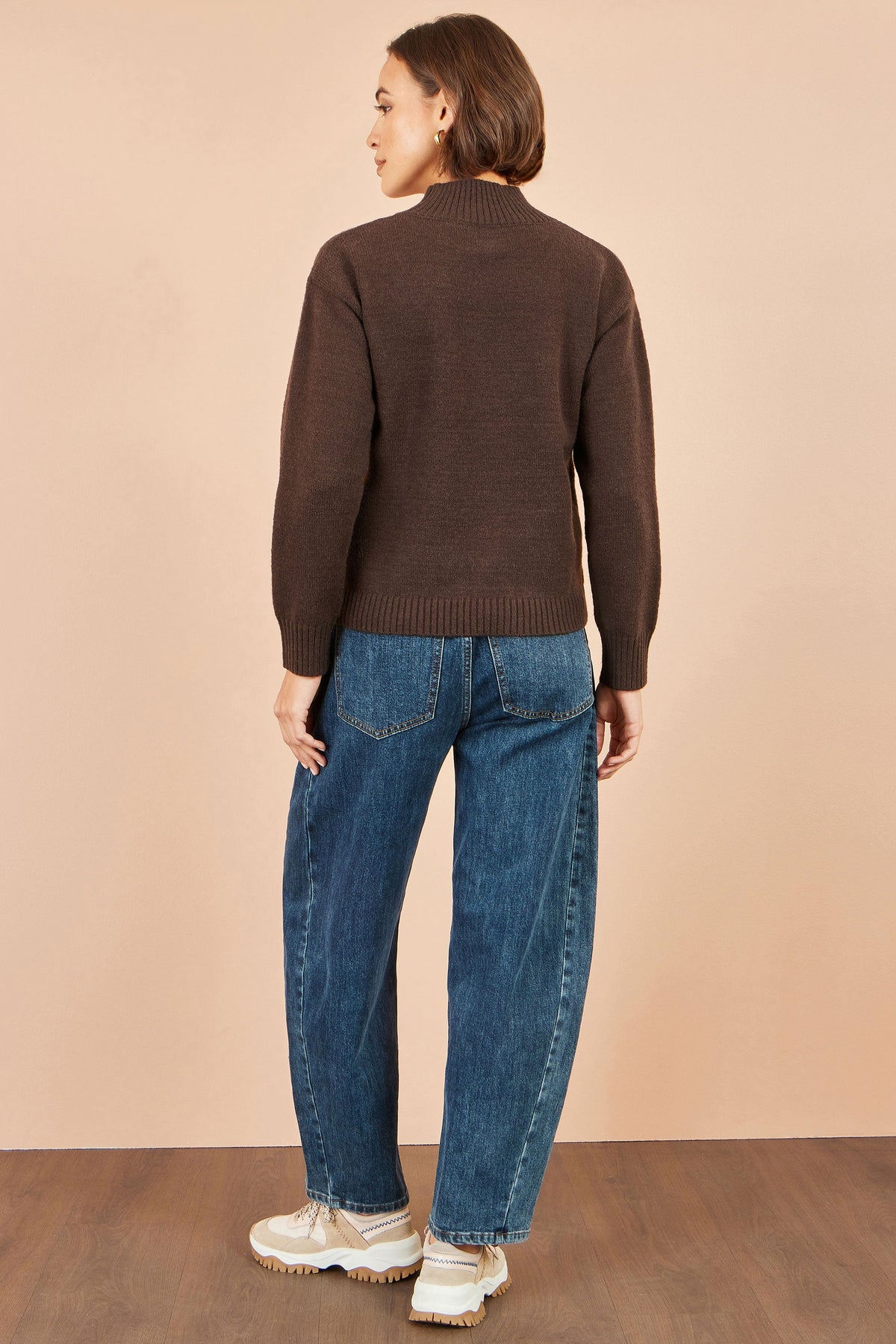 Yumi Brown Knitted High Neck Jumper With Applique Flowers