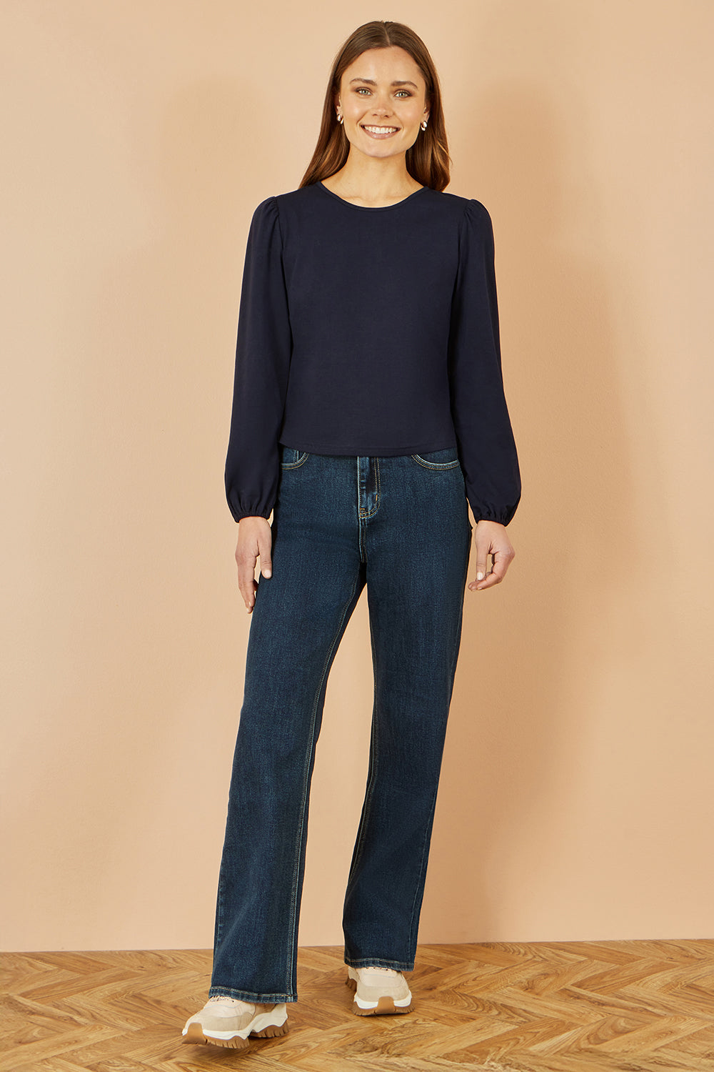 Yumi Navy Stretch Cotton Jersey Long Sleeve Top