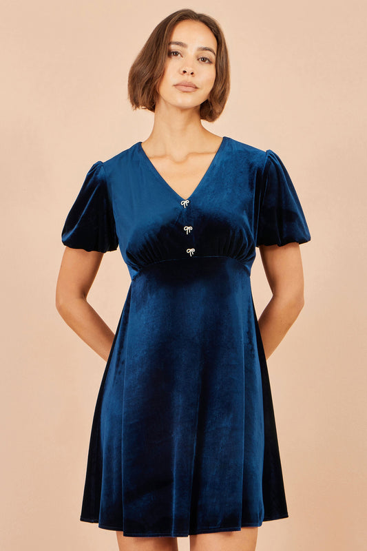 Yumi Navy Velvet Skater Dress With Dimante Bow Detail