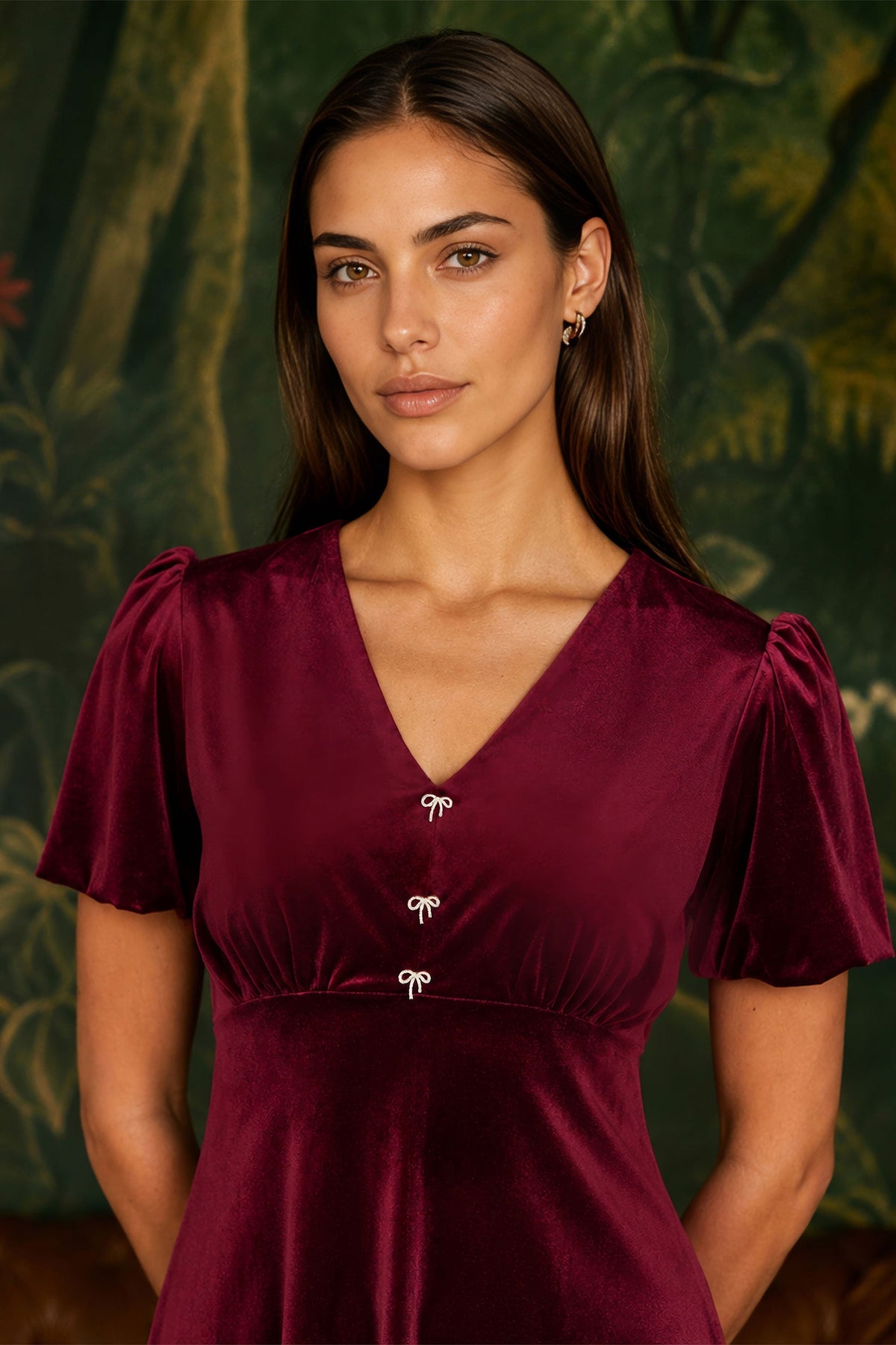 Yumi Burgundy Velvet Skater Dress With Dimante Bow Detail
