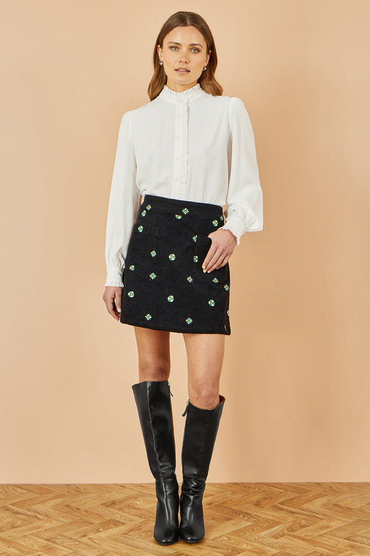 Yumi Black Flower Embroidered Cord Mini Skirt
