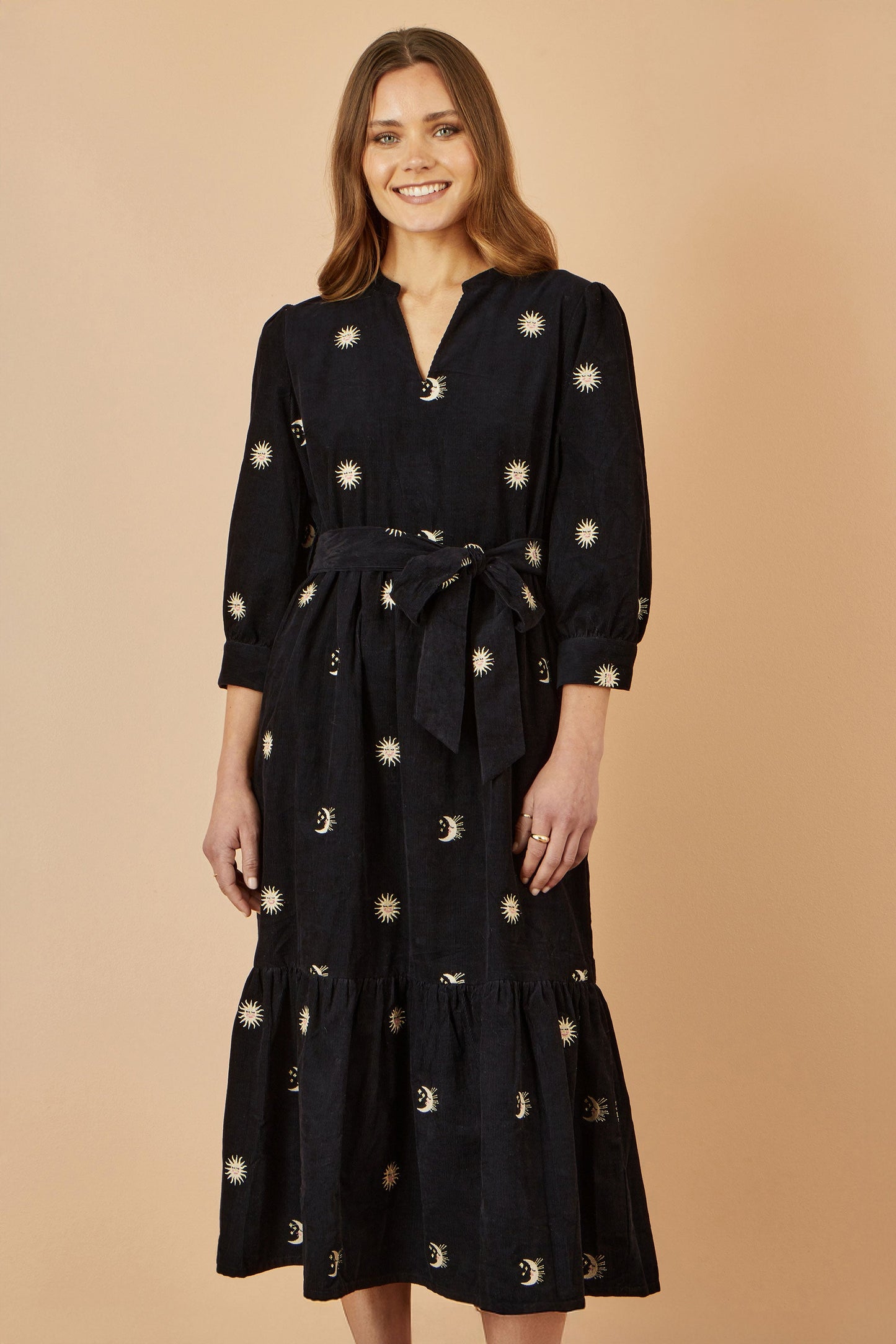 Yumi Black Cosmic Embroidery Cord Midi Shirt Dress