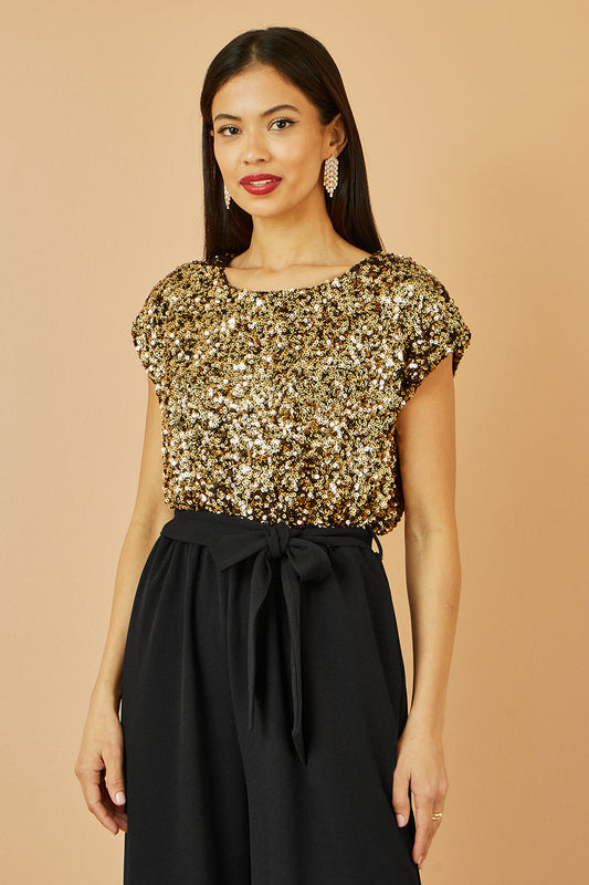 Yumi Gold Sequin Top Stretch Jumpsuit