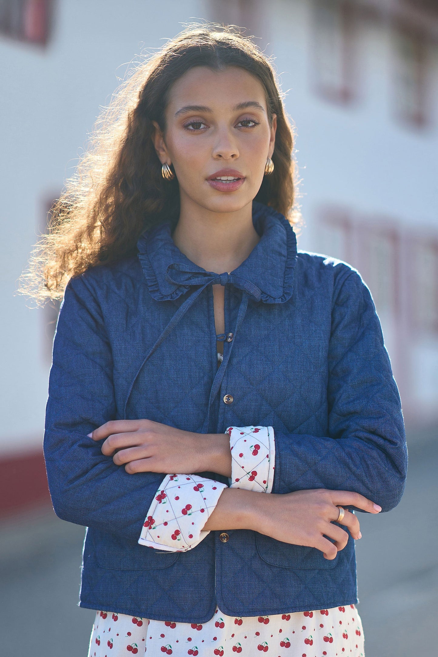 Yumi Blue Chambray Quilted Jacket With Cherry Lining
