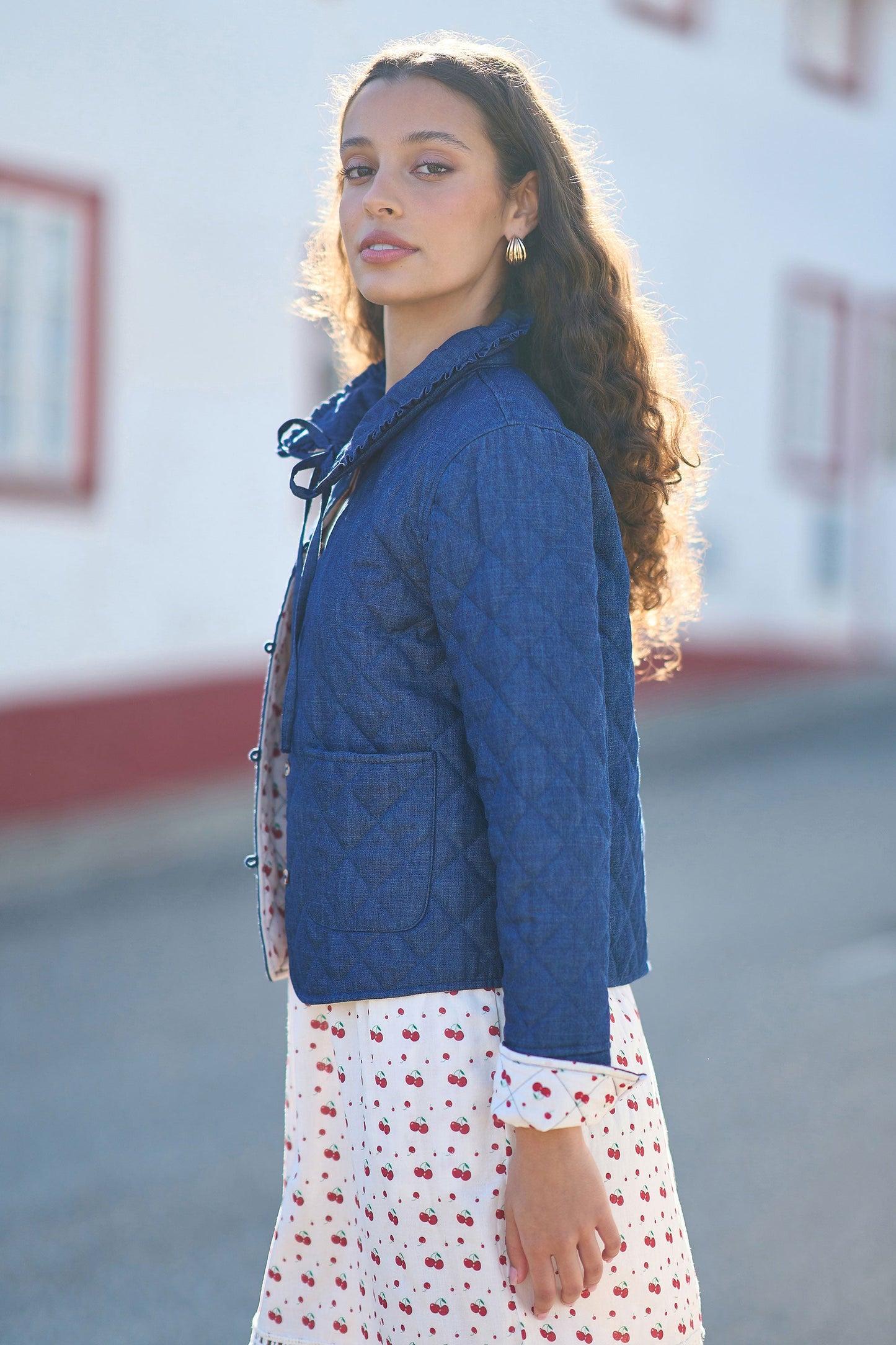 Yumi Blue Chambray Quilted Jacket With Cherry Lining