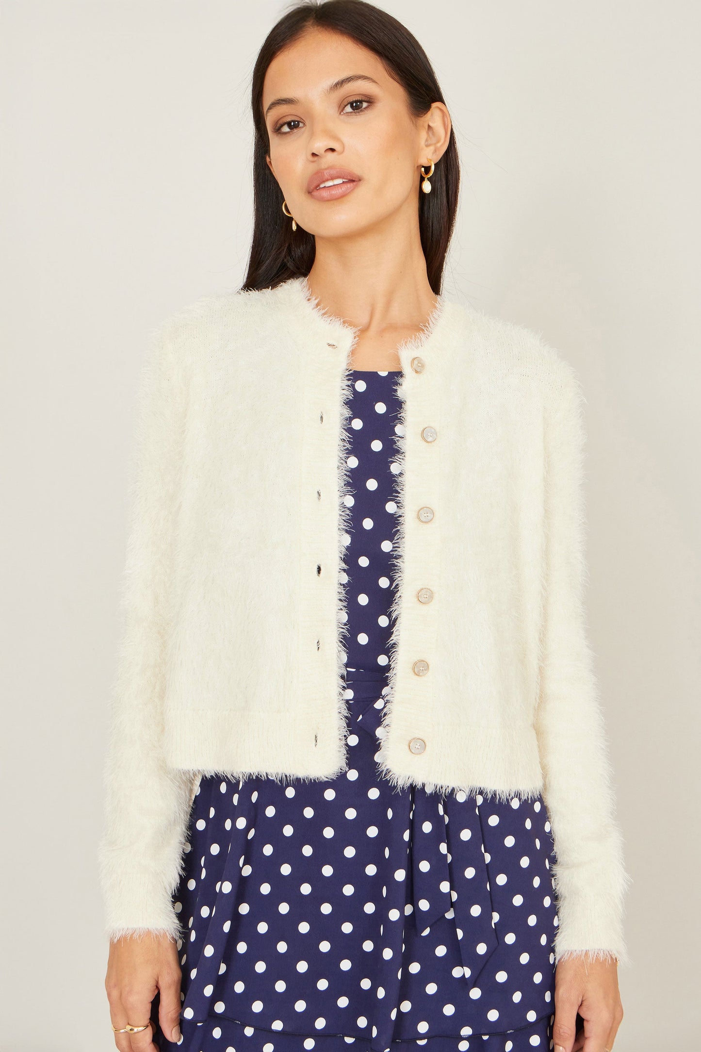 Yumi Ivory Eyelash Knit Cropped Cardigan