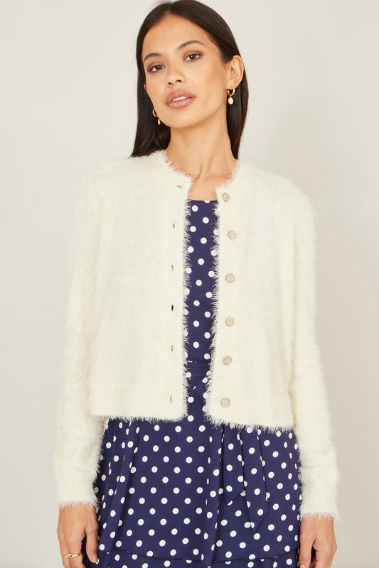 Yumi Ivory Eyelash Knit Cropped Cardigan