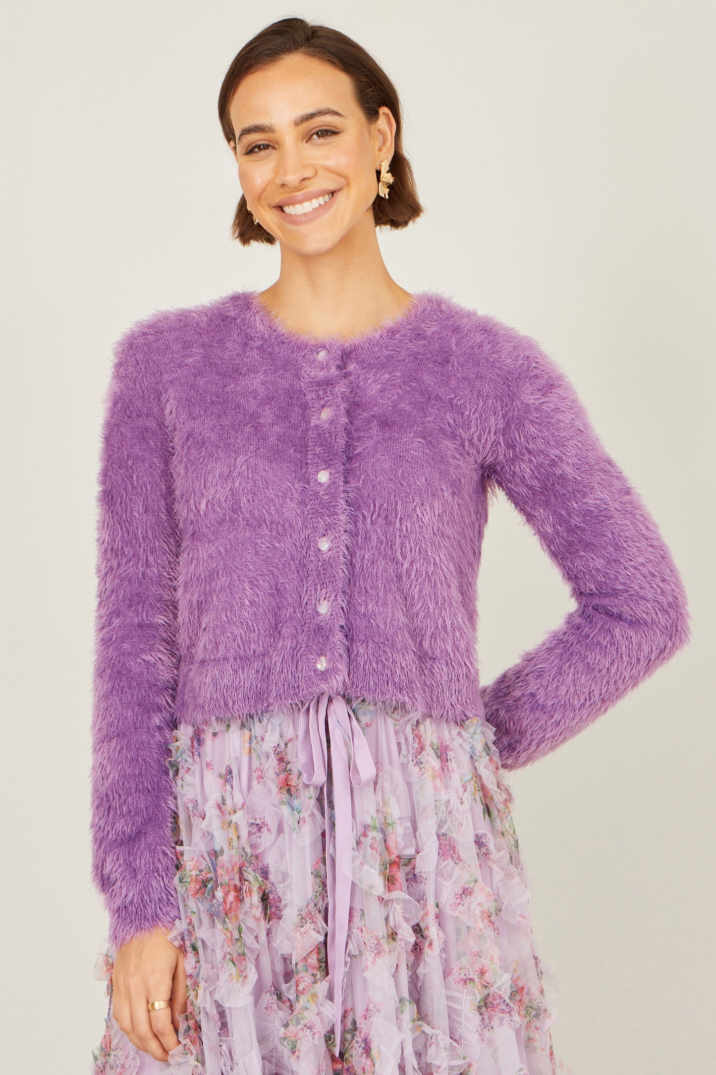 Yumi Lavender Eyelash Knit Cropped Cardigan