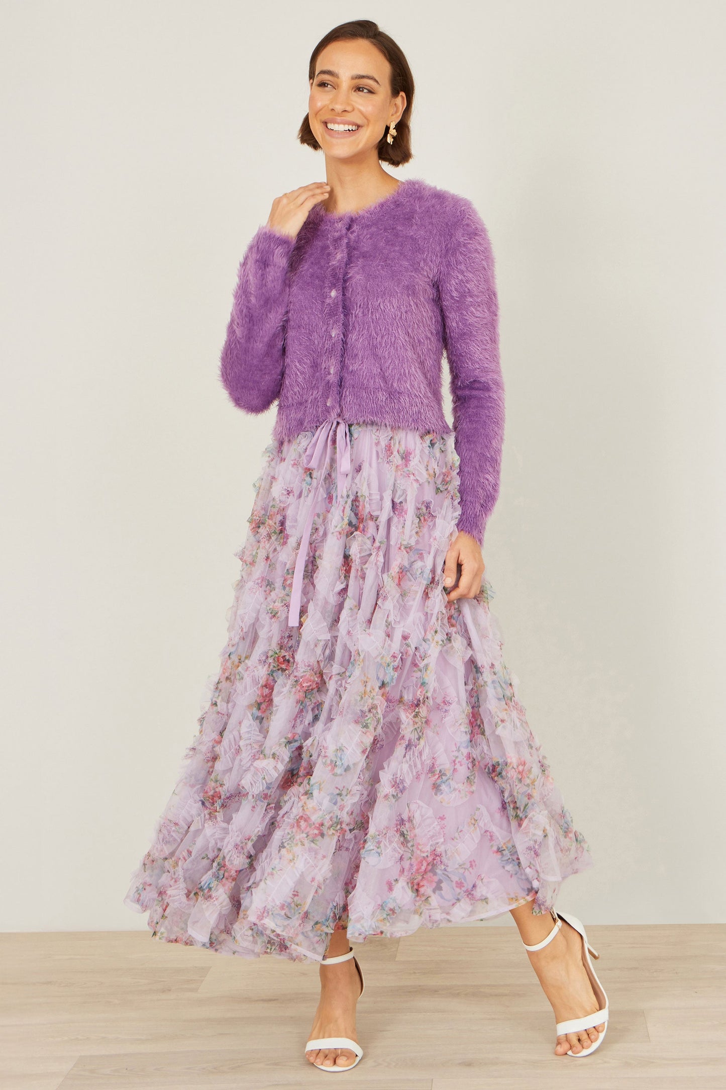 Yumi Lavender Eyelash Knit Cropped Cardigan