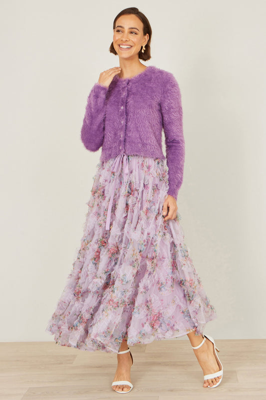 Yumi Lavender Eyelash Knit Cropped Cardigan