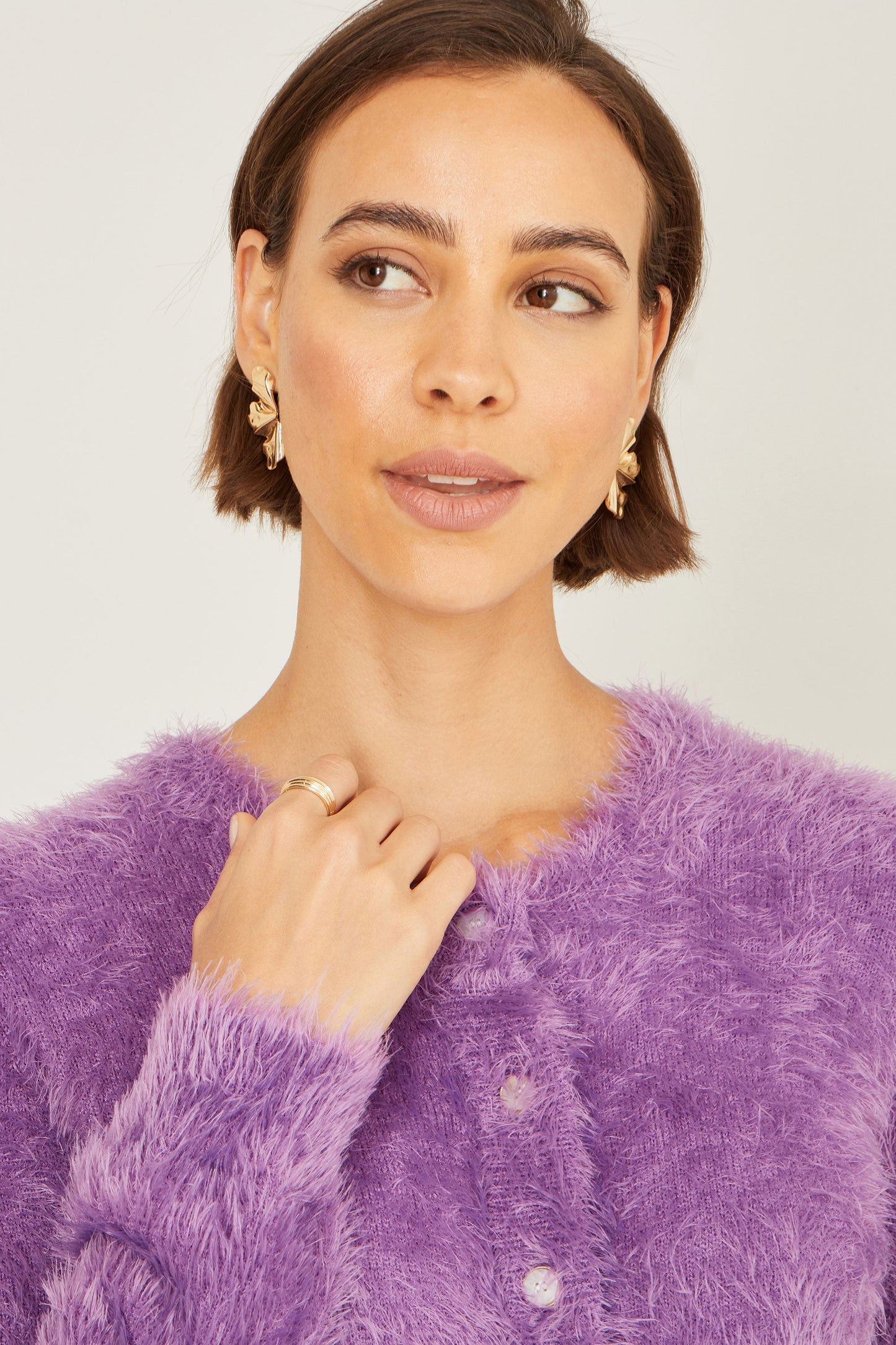 Yumi Lavender Eyelash Knit Cropped Cardigan