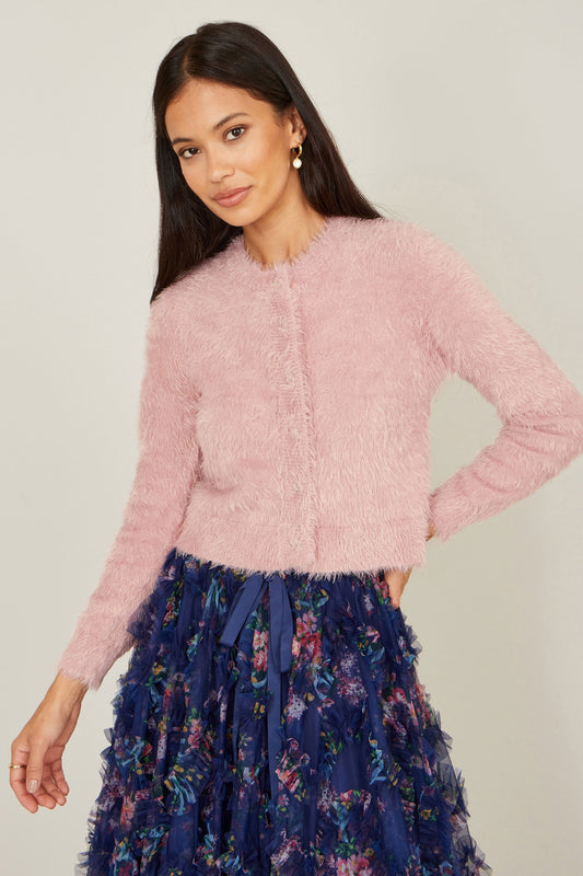 Yumi Pink Eyelash Knit Cropped Cardigan