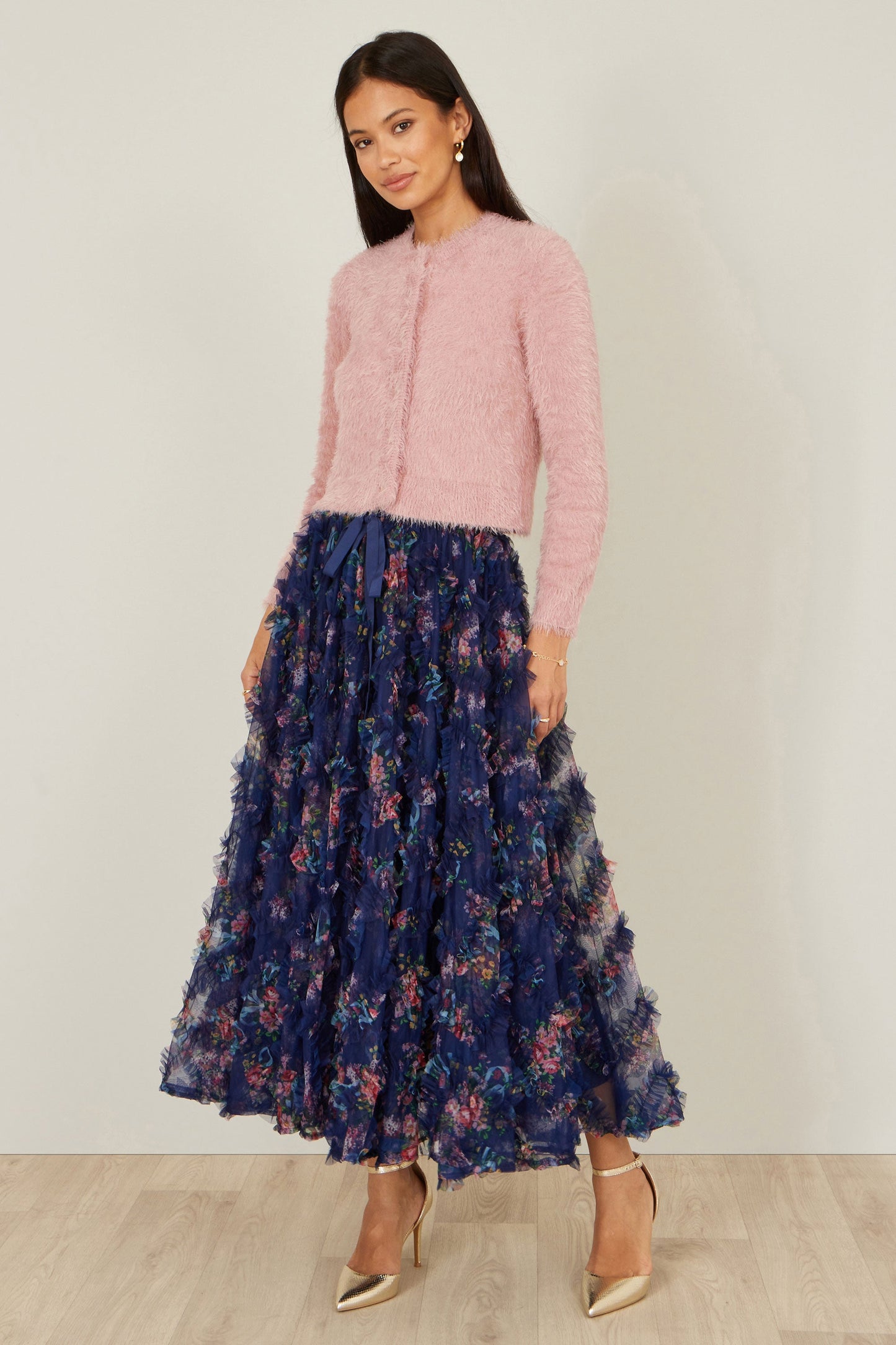 Yumi Pink Eyelash Knit Cropped Cardigan