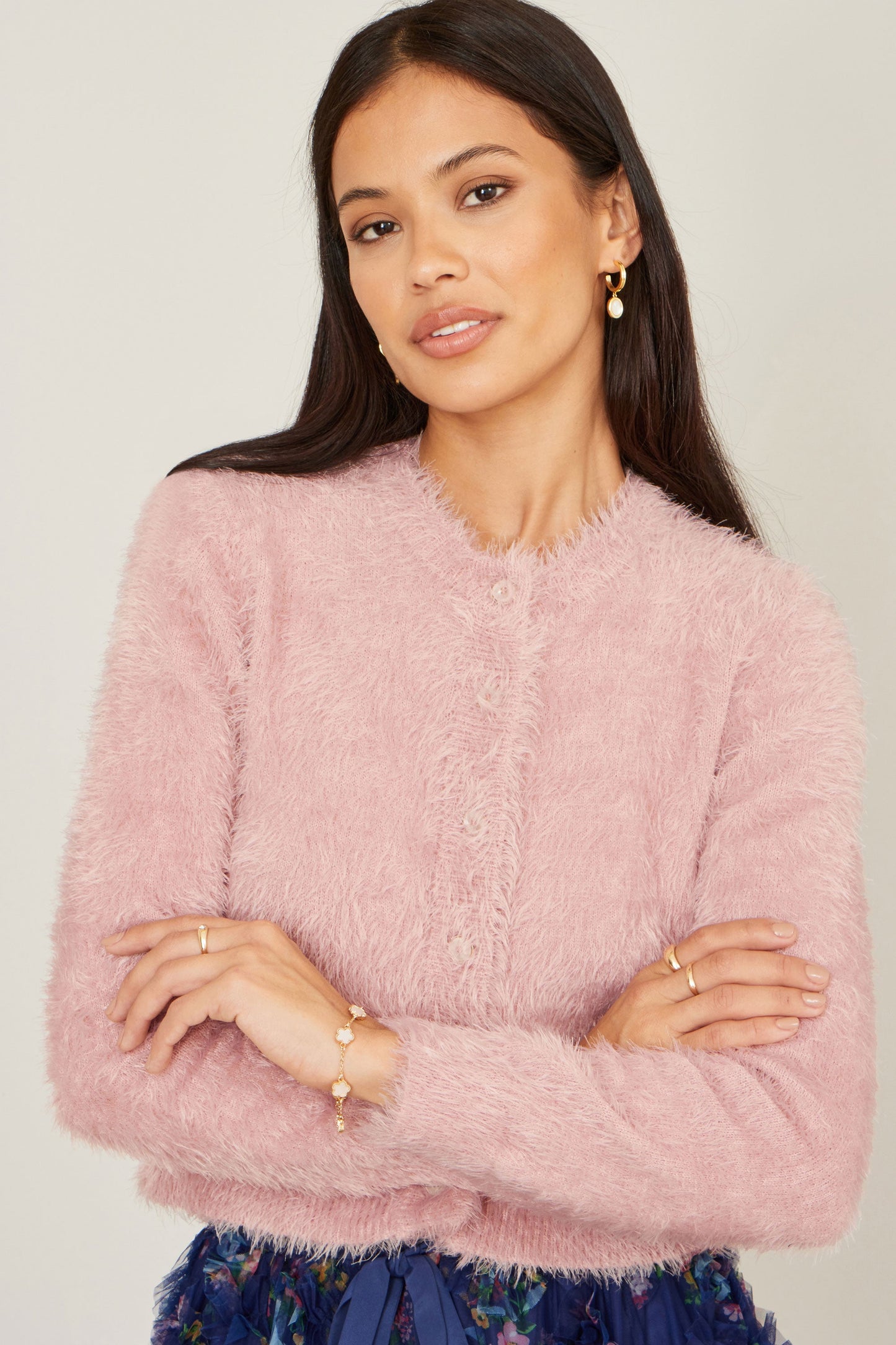 Yumi Pink Eyelash Knit Cropped Cardigan