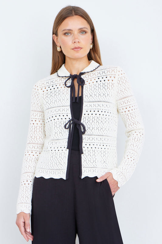 Yumi Ivory Crochet Knitted Cardigan With Peter Pan Collar