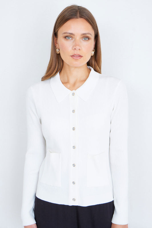 Yumi Ivory Ribbed Collar Button Up Cardigan