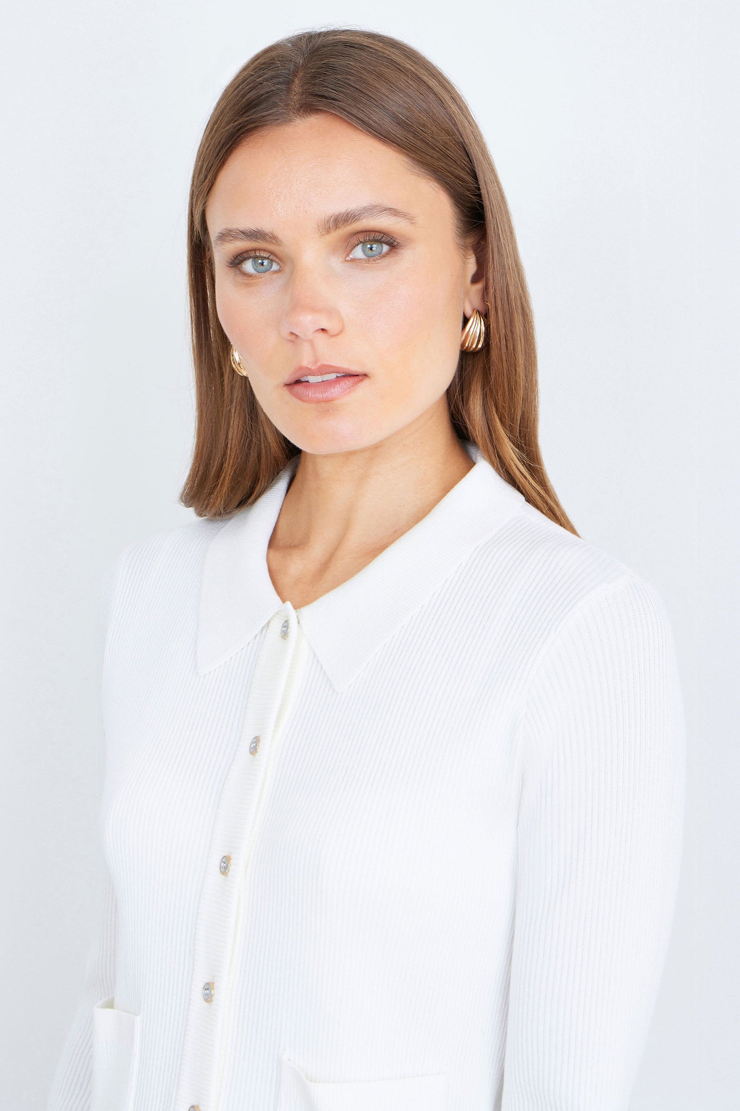 Yumi Ivory Ribbed Collar Button Up Cardigan