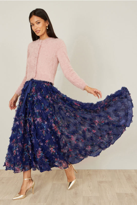 Yumi Navy Floral Ruffle Mesh Midi Skirt