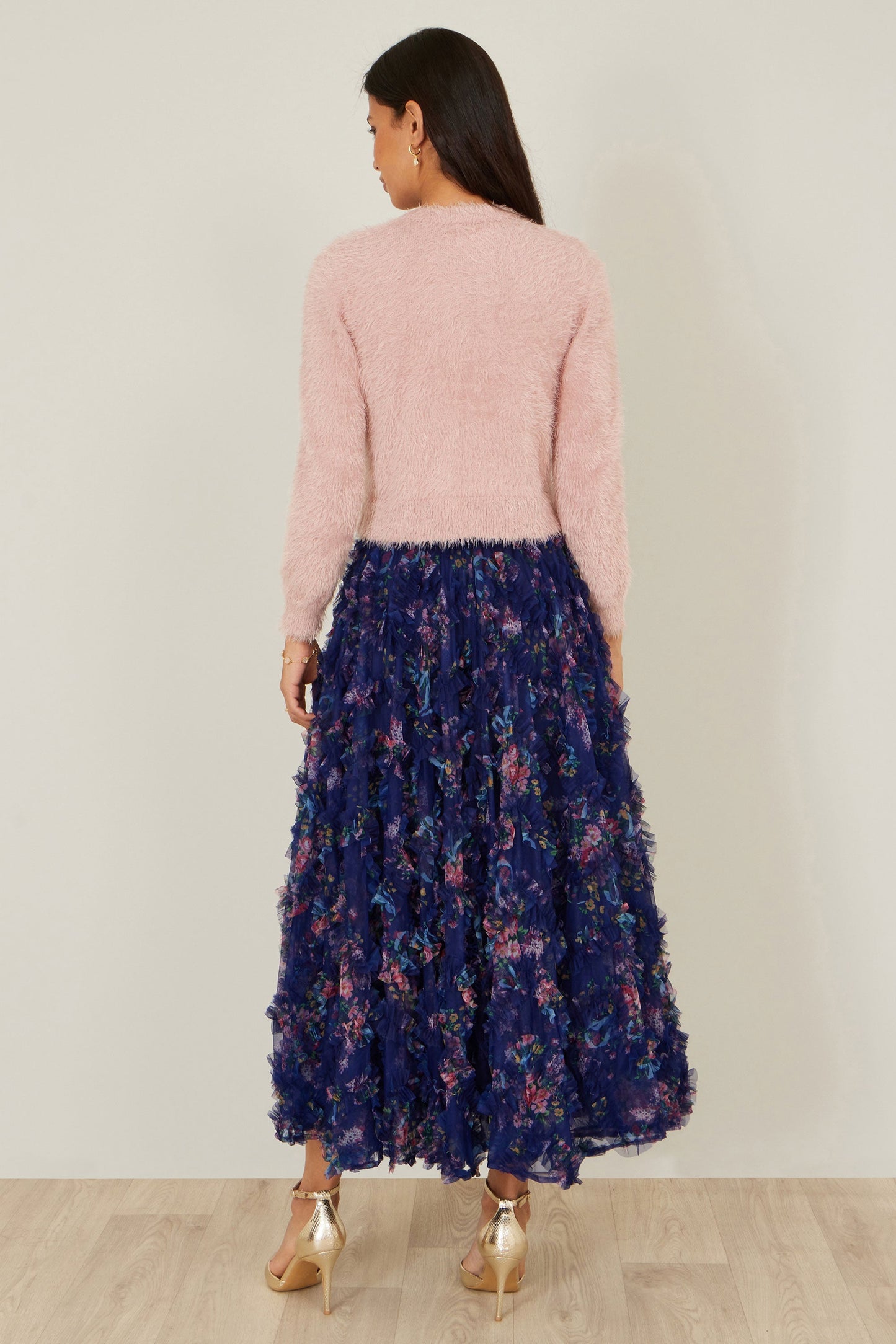 Yumi Navy Floral Ruffle Mesh Midi Skirt