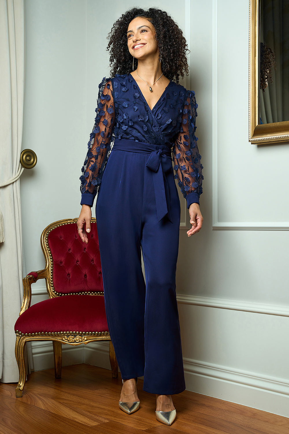 Yumi Navy Flower Applique Jumpsuit