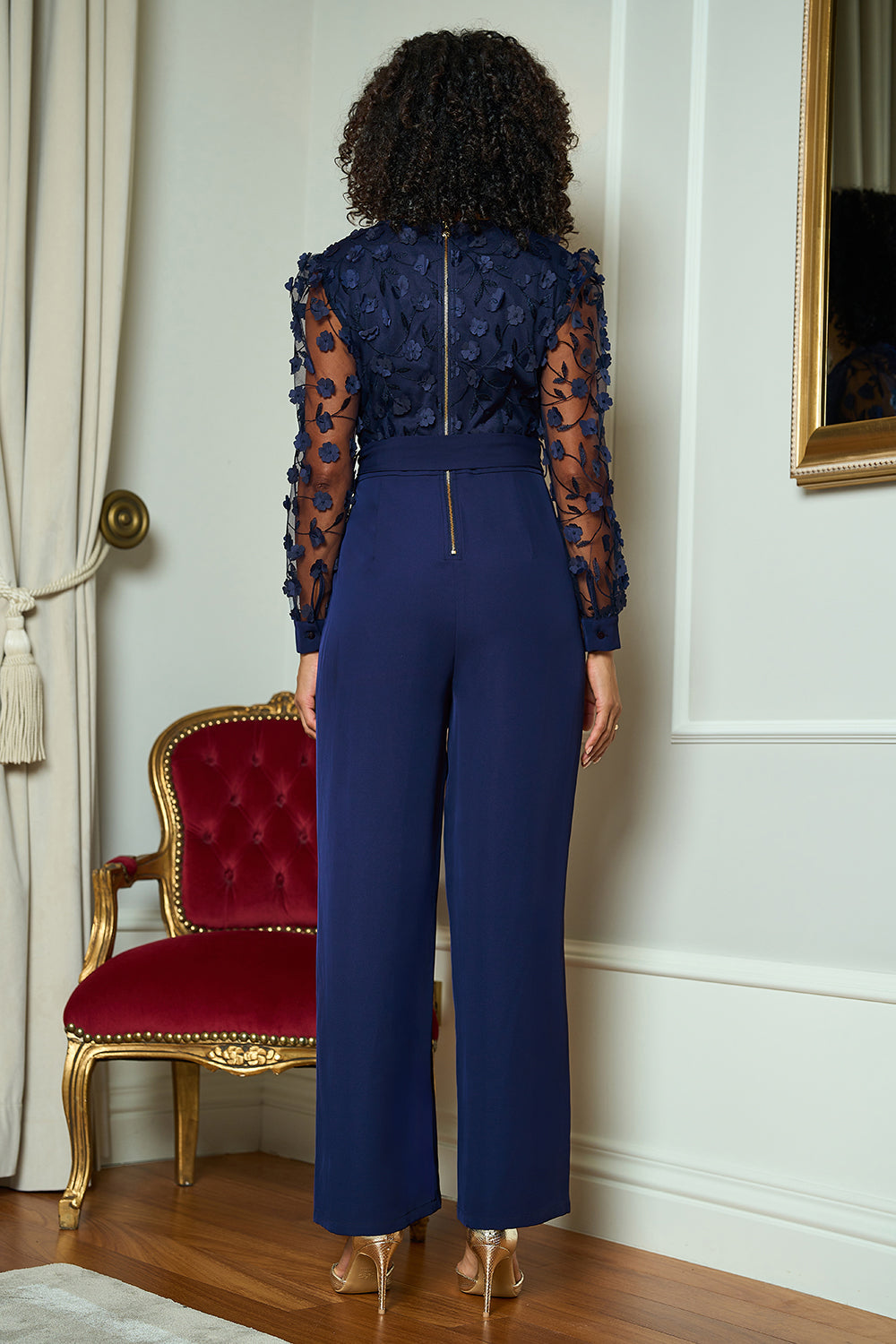 Yumi Navy Flower Applique Jumpsuit