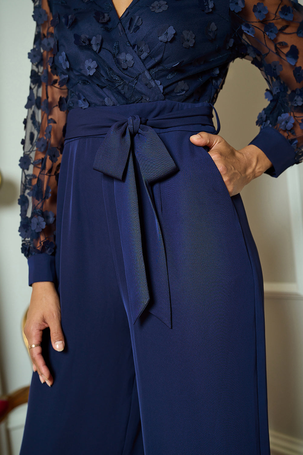 Yumi Navy Flower Applique Jumpsuit