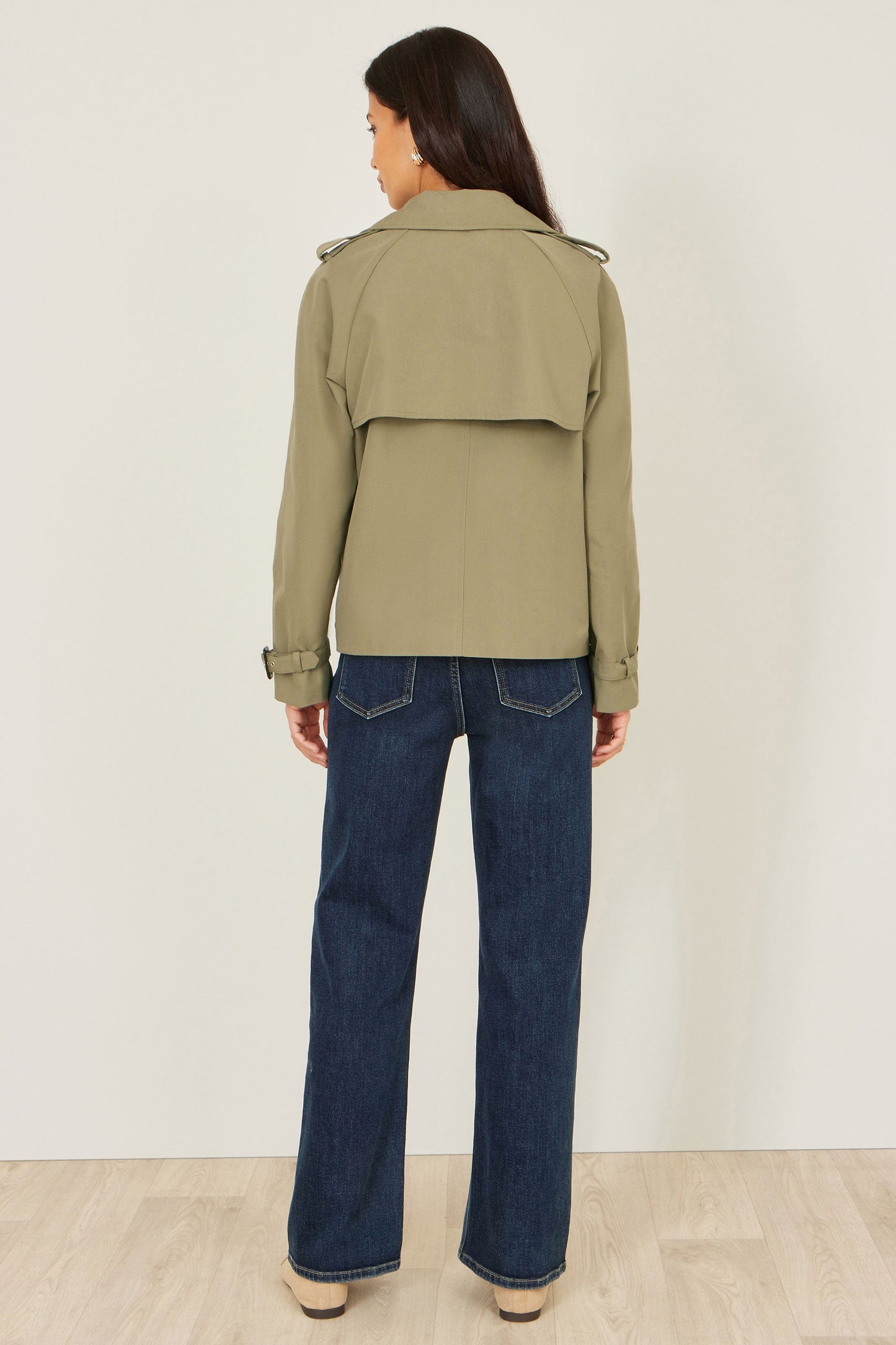 Yumi Green Cropped Trench Jacket With Pockets and Check Lining