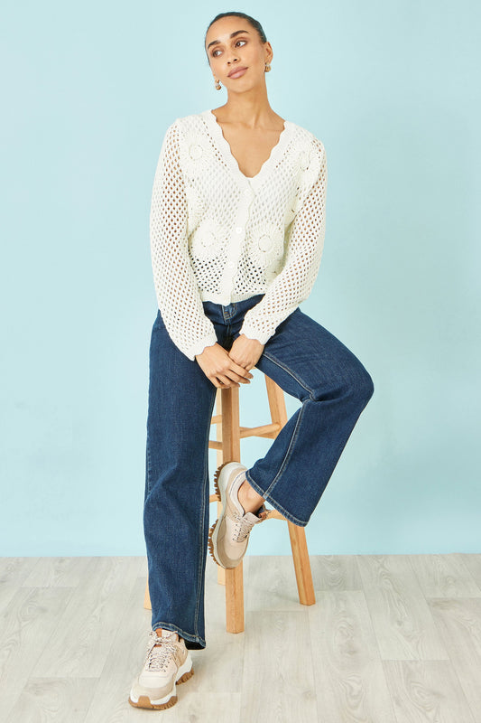 Yumi White Flower Crochet Cardigan