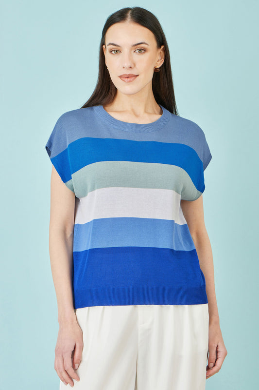 Yumi Blue Block Stripe Relaxed Knitted Top