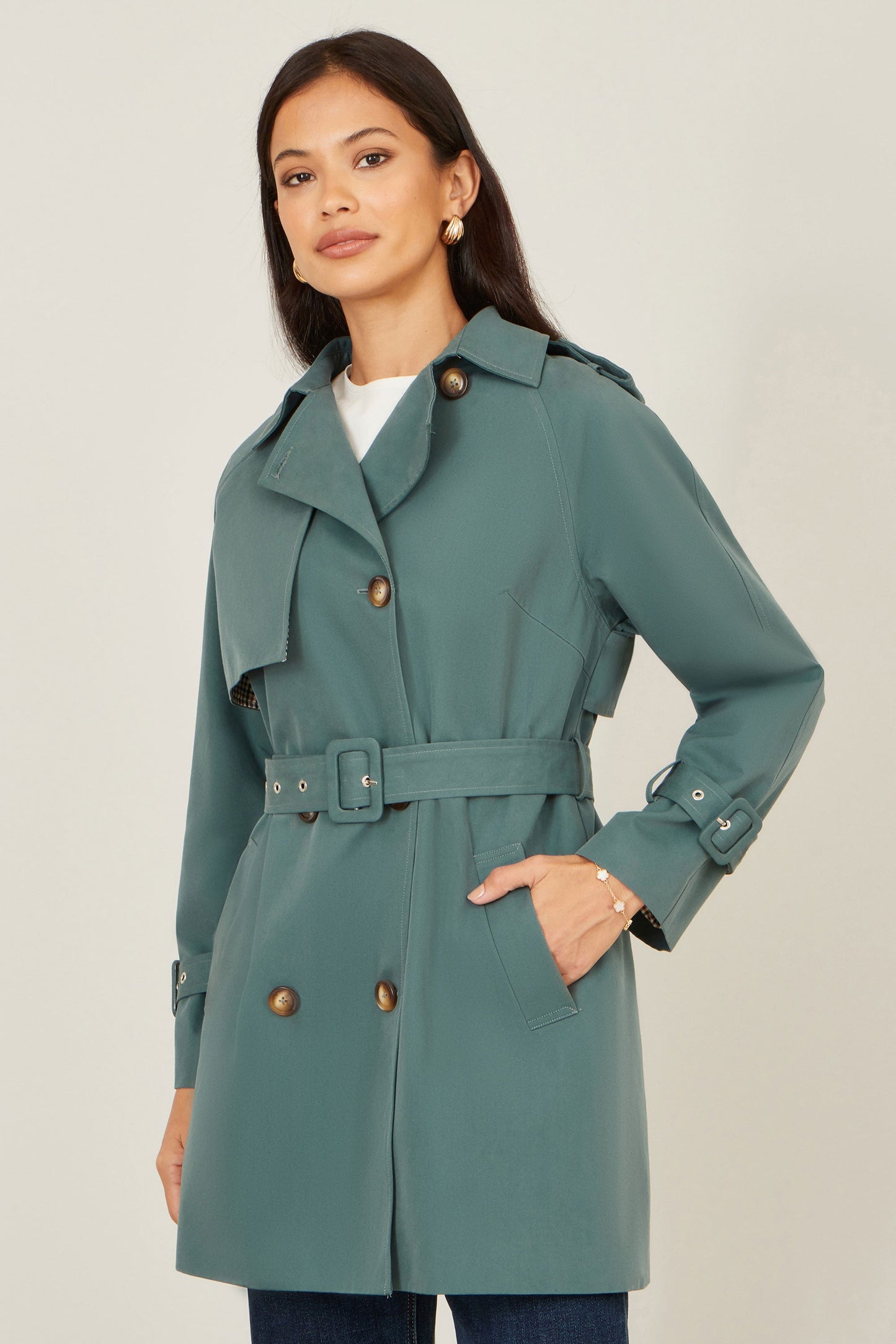 Yumi Blue Belted Trench Coat With Check Lining