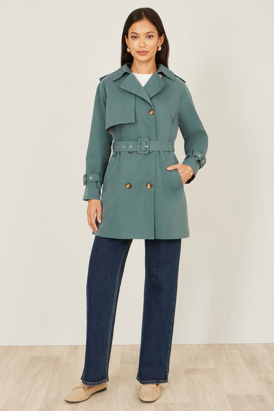 Yumi Blue Belted Trench Coat With Check Lining