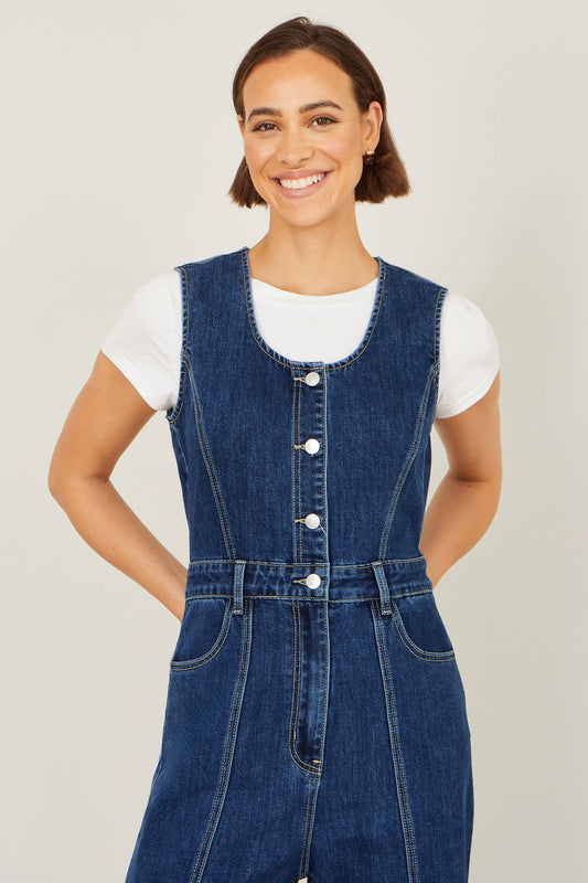 Yumi Blue Denim Stretch Fitted Jumpsuit