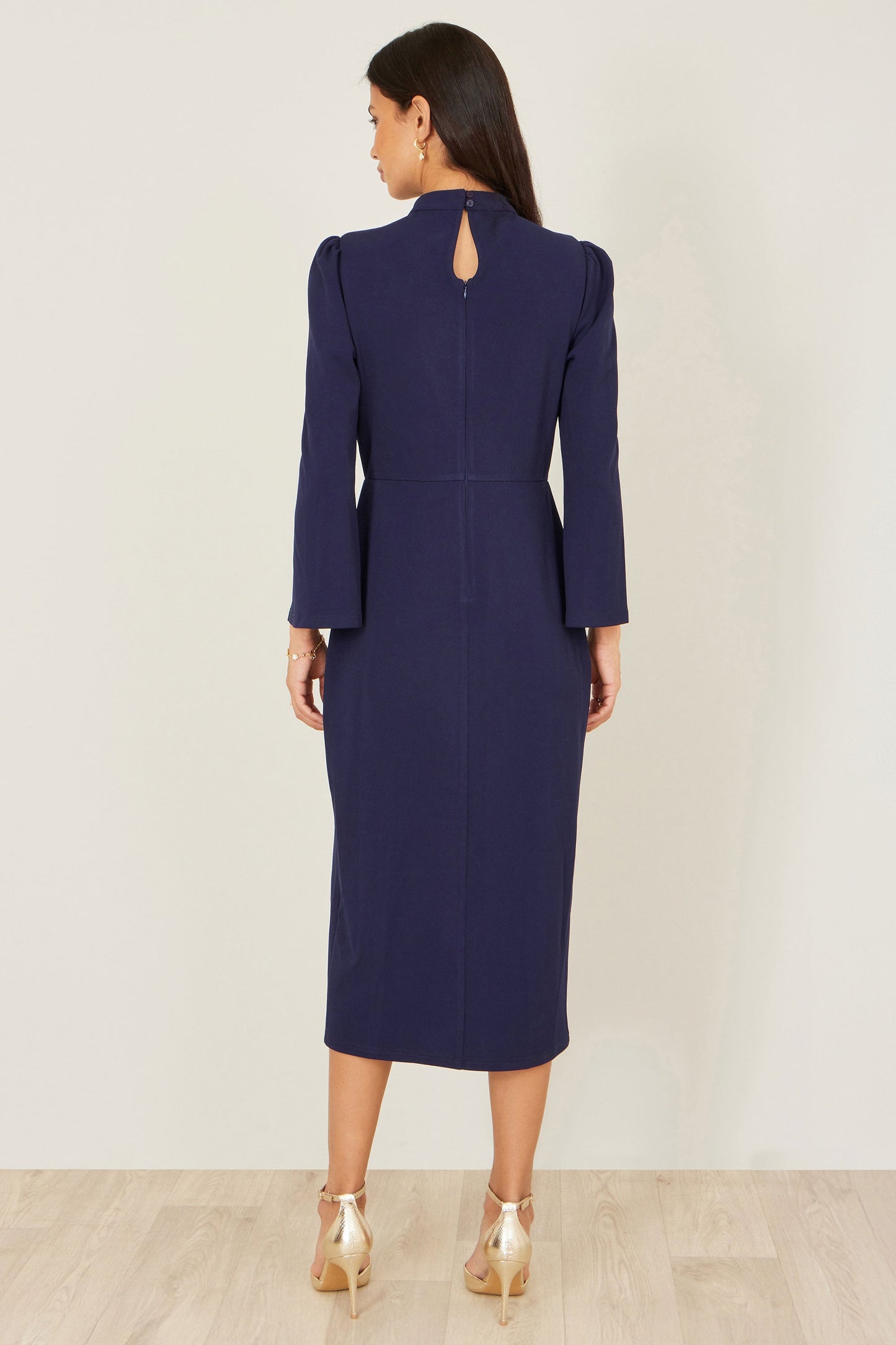 Yumi Navy Fitted Midi Dress With Flute Sleeves