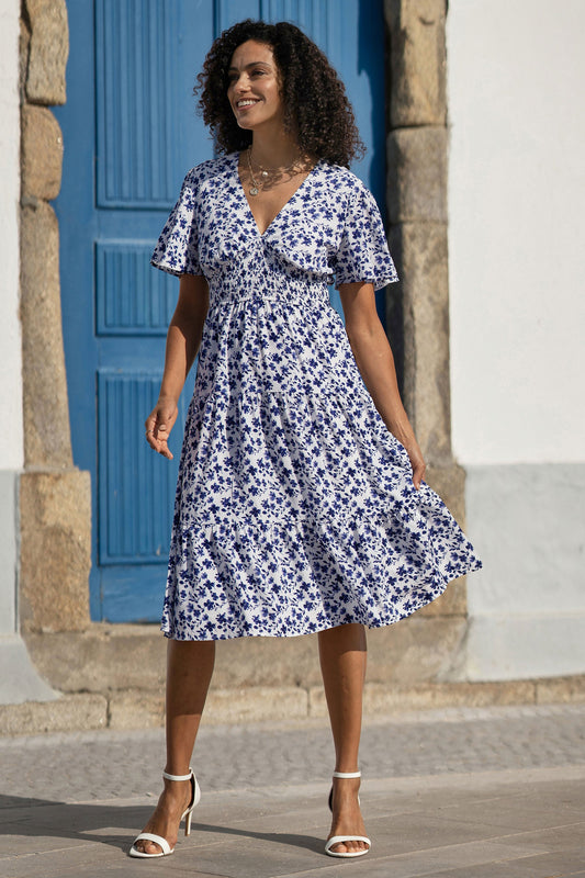 Yumi Blue Floral Ruched Waist Midi Dress With Angel Sleeves