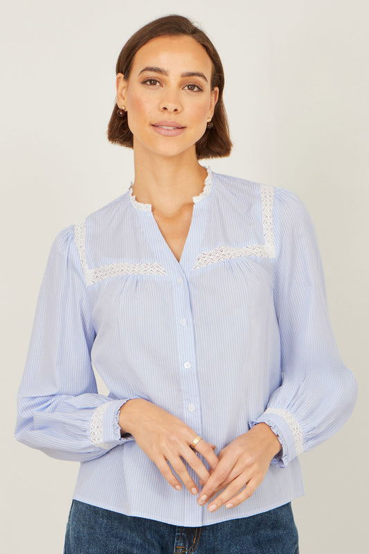 Yumi Blue Stripe Shirt With Lace Detail