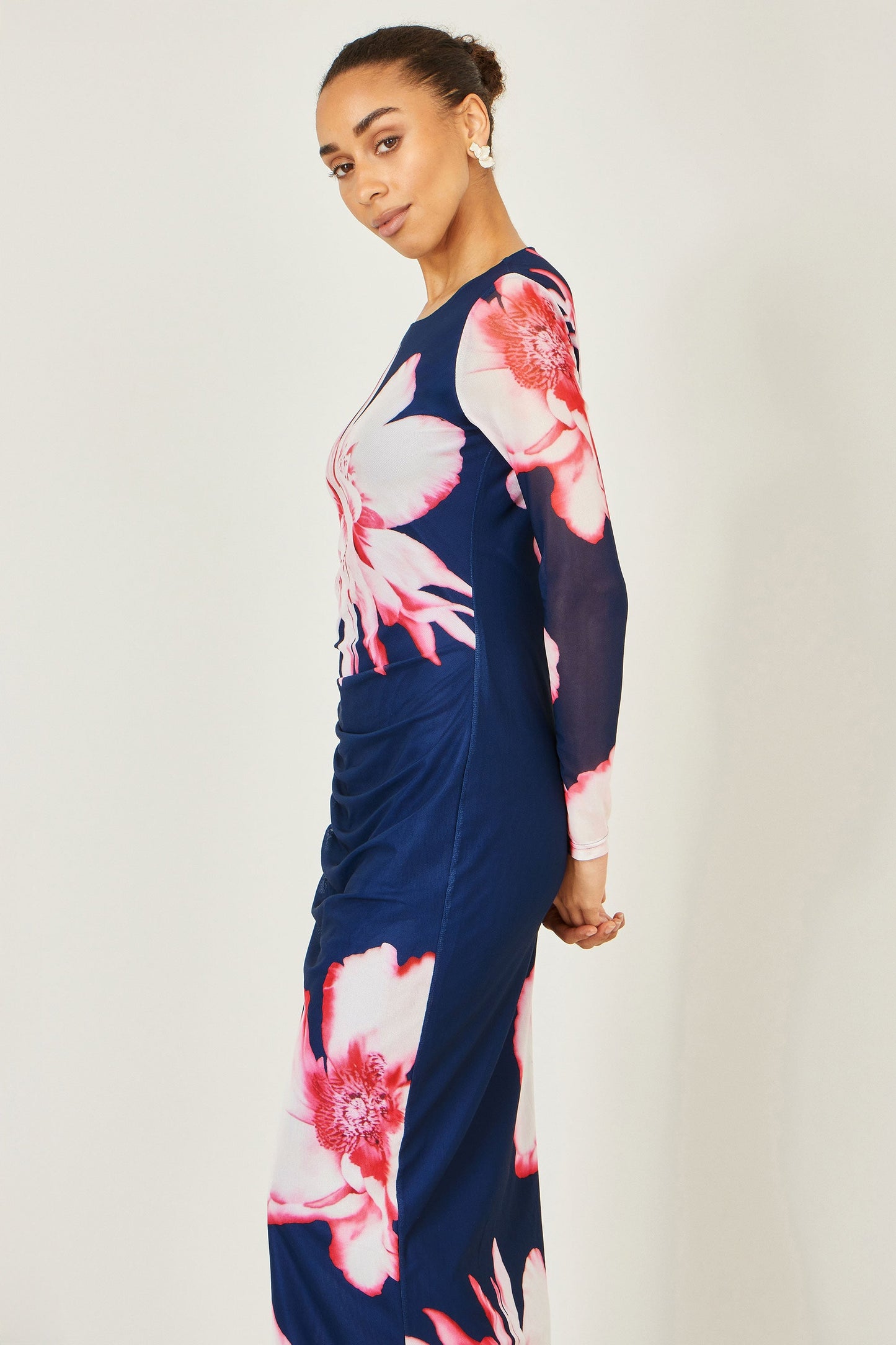 Yumi Navy Floral Placement Floral Long Sleeve Mesh Maxi Dress