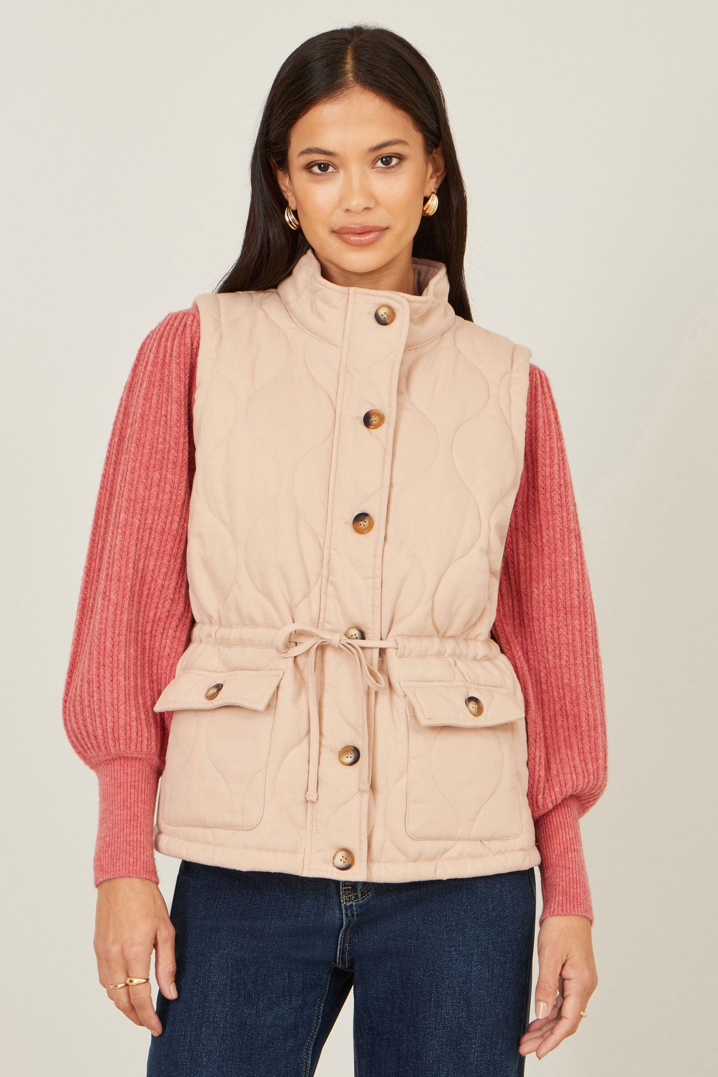 Yumi Beige Quilted Utility Gilet
