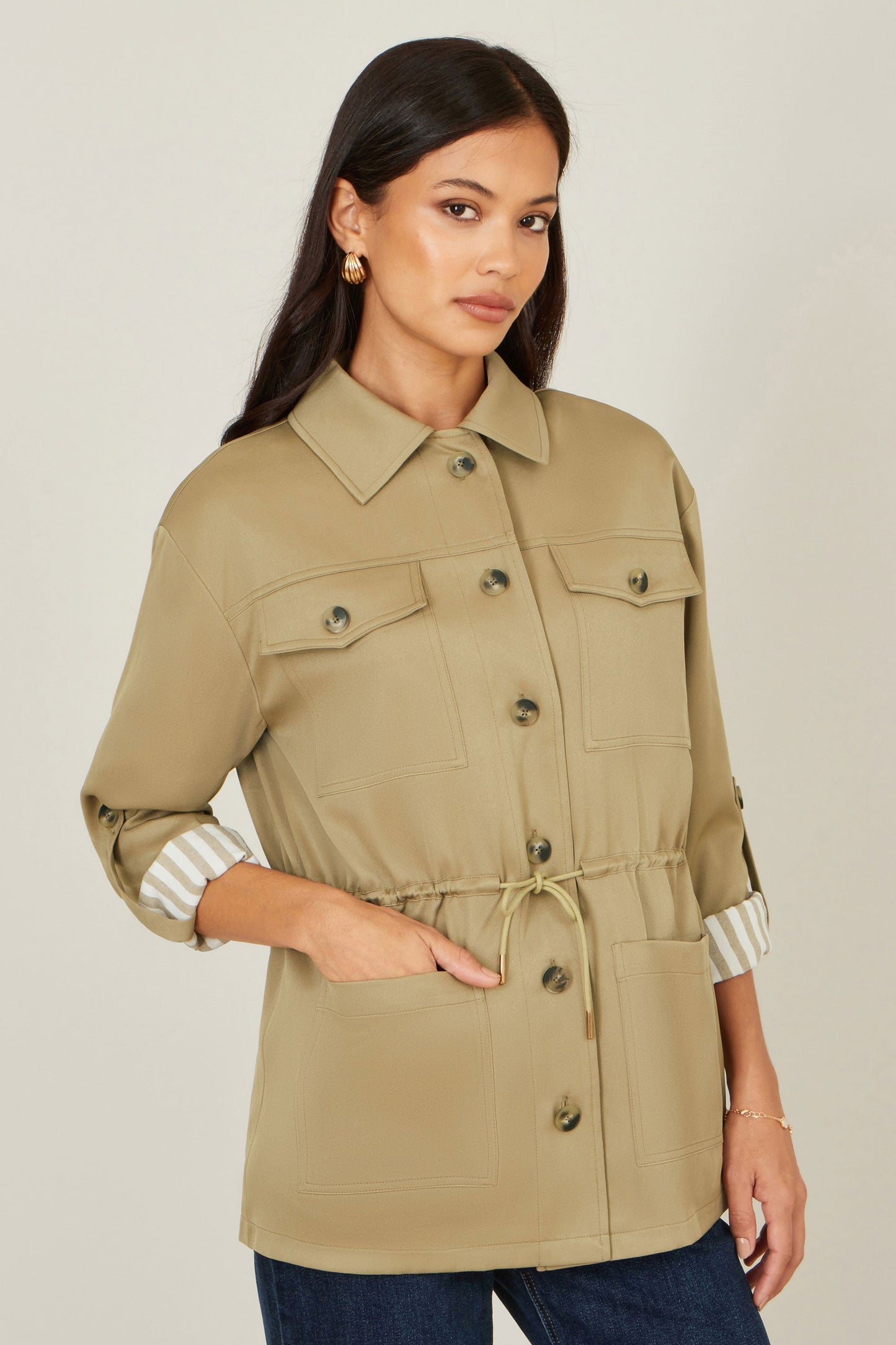 Yumi Green Utility Jacket With Drawstring Waist and Stripe Lining