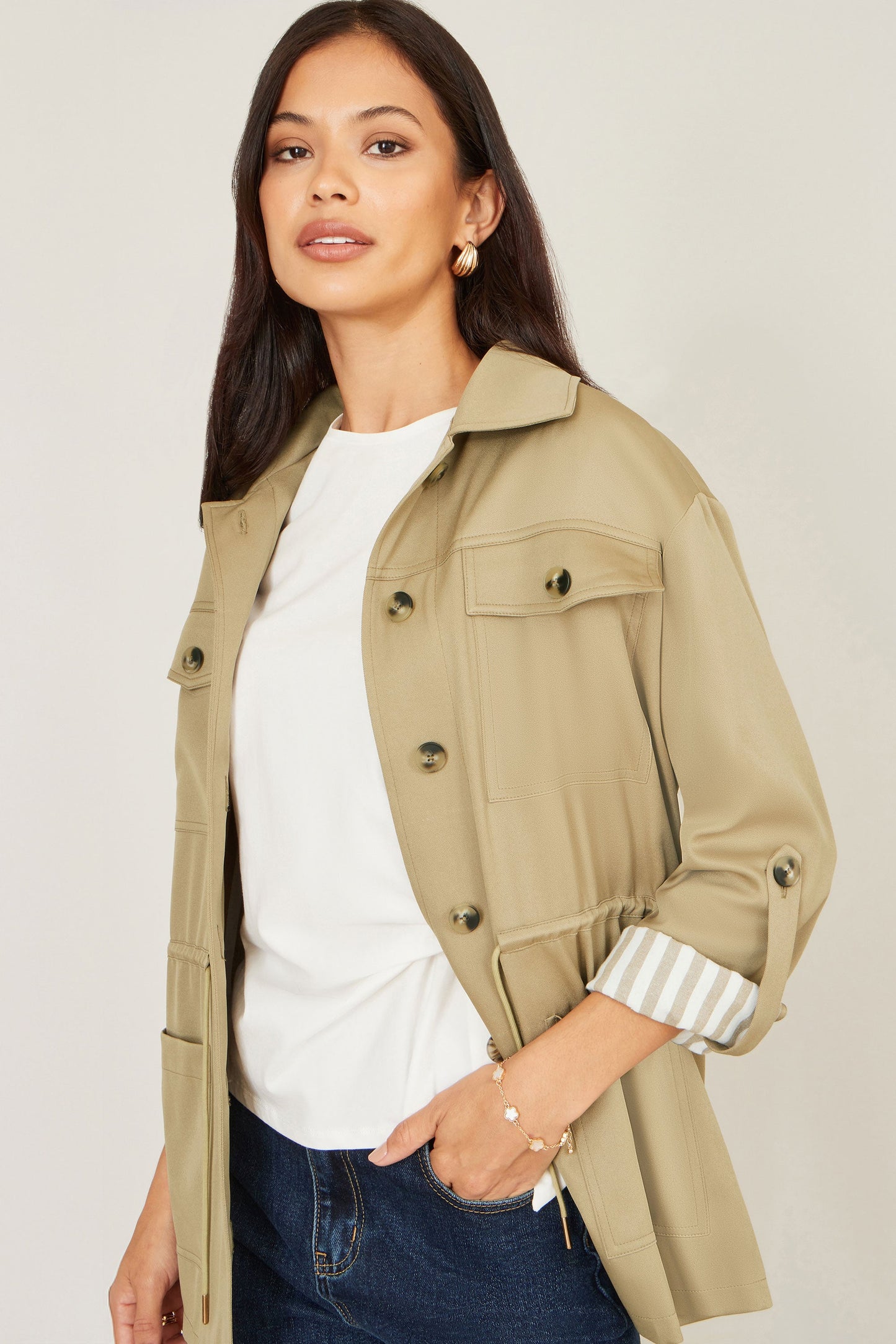 Yumi Green Utility Jacket With Drawstring Waist and Stripe Lining