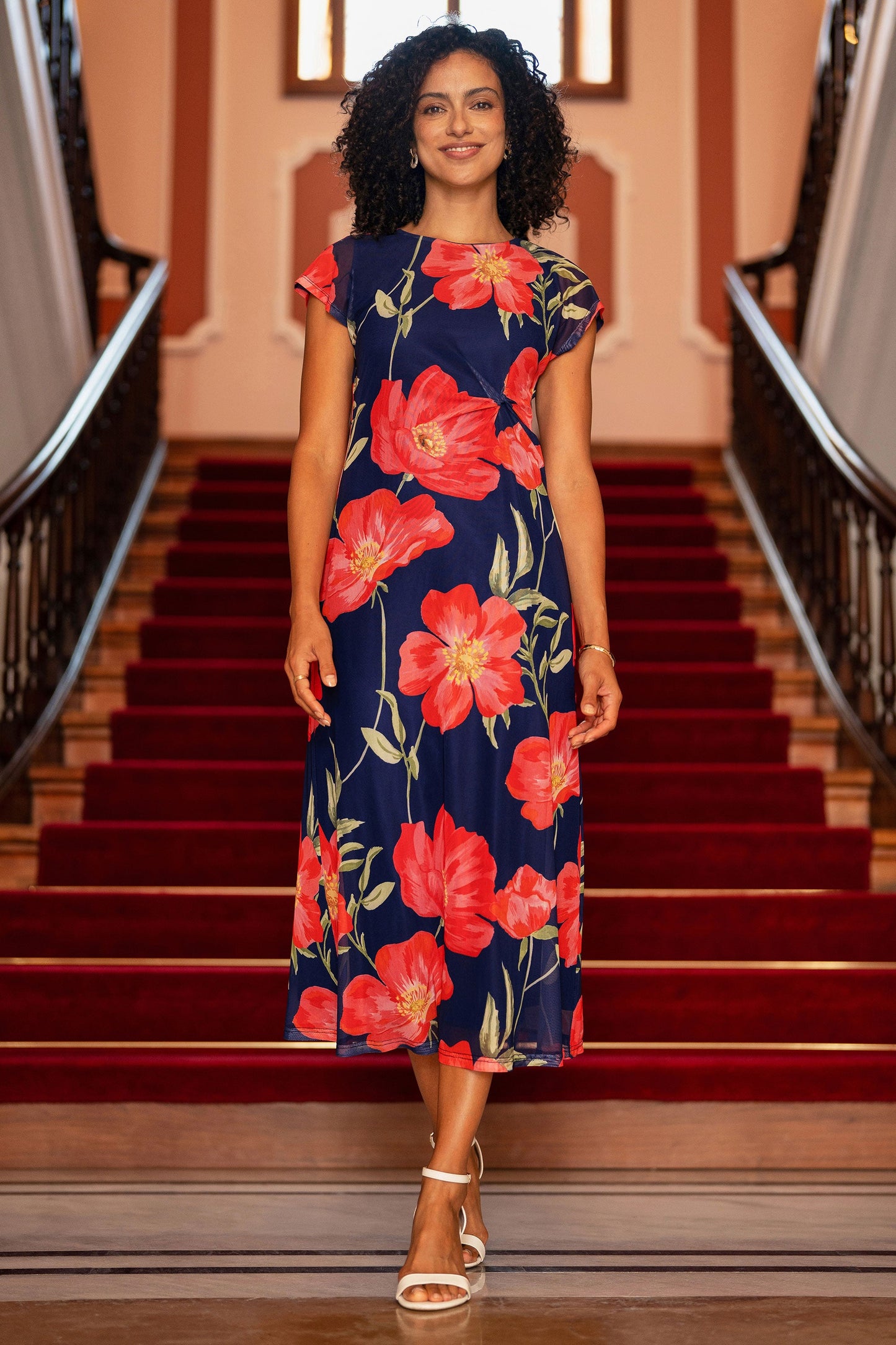 Yumi Navy Poppy Print Midi Mesh Dress