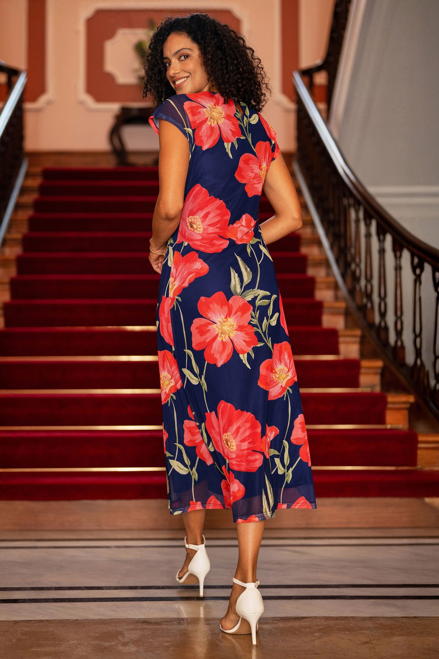 Yumi Navy Poppy Print Midi Mesh Dress