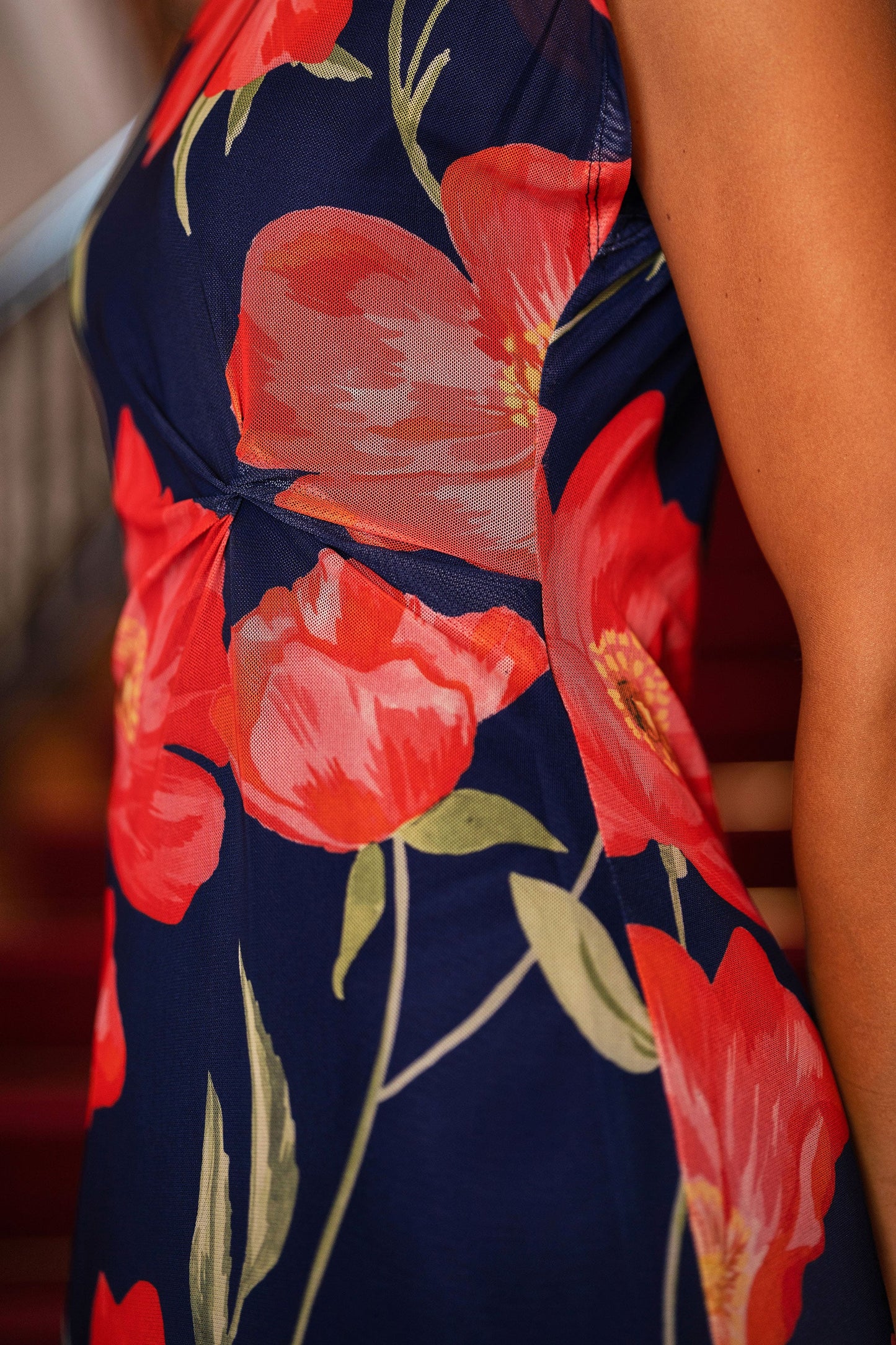 Yumi Navy Poppy Print Midi Mesh Dress